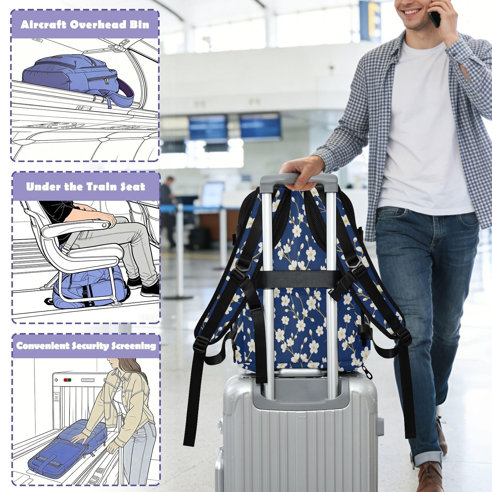 Plecak torba robocza przedmiot osobisty torba podróżna do szkoły 20 l | Stylowa torba podróżna mały biały kwiat granatowa torba na laptopa 16 cali do samolotów mochilas de viaje para hombres 20L
