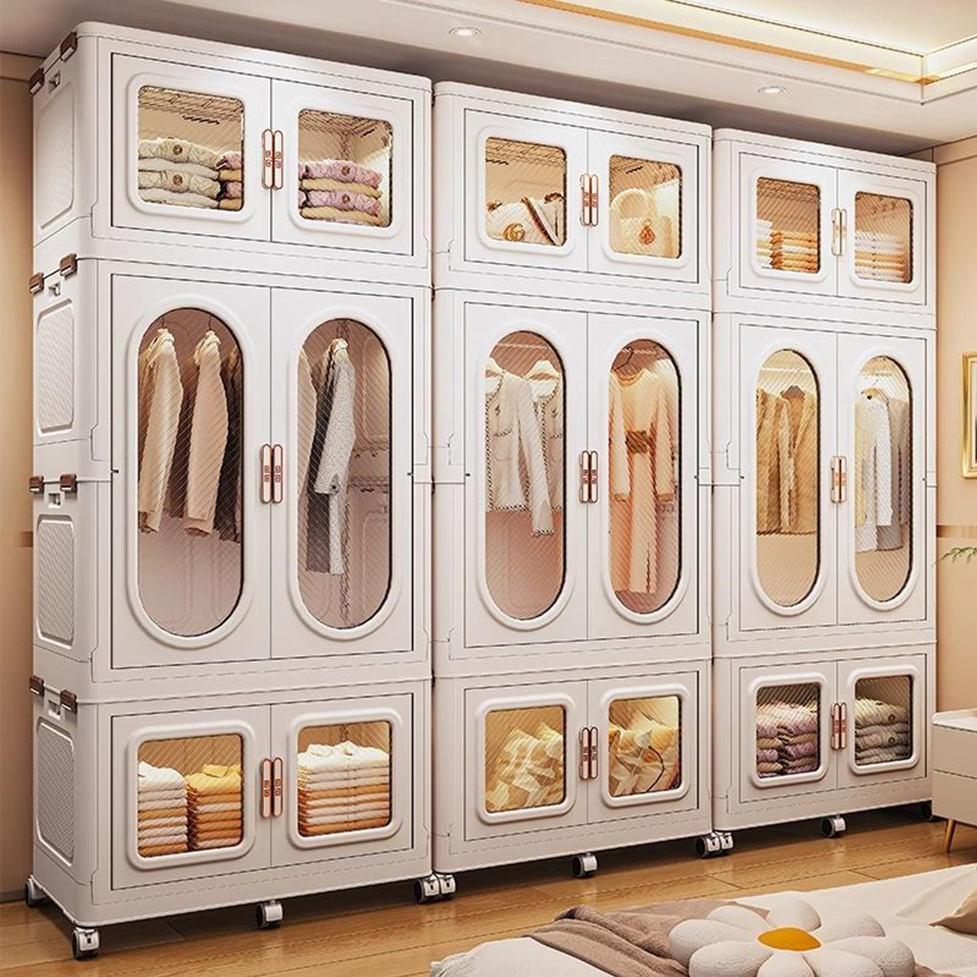 MECOLOR 104cm Kleiderschrank Organizer mit 6 Rollen - Stapelbare Kunststoff-Garderobe mit Magnetischen Türen, Aufbewahrungsbox (104-T1)