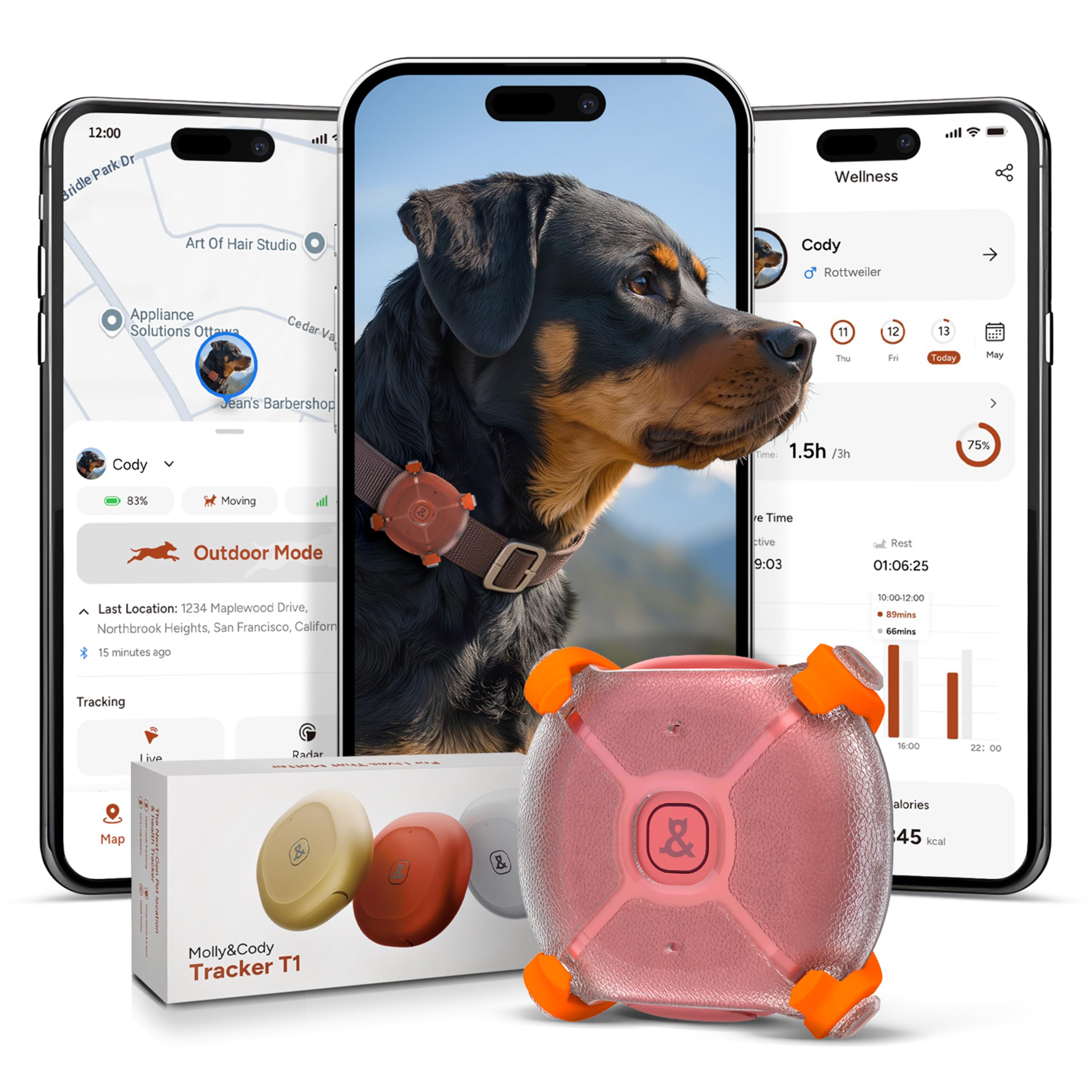 Molly&Cody Rastreador GPS inteligente para perros y gatos, 4 modos inteligentes, rastreador de mascotas en tiempo real con valla virtual personalizada IP67, historial de ubicación impermeable y
