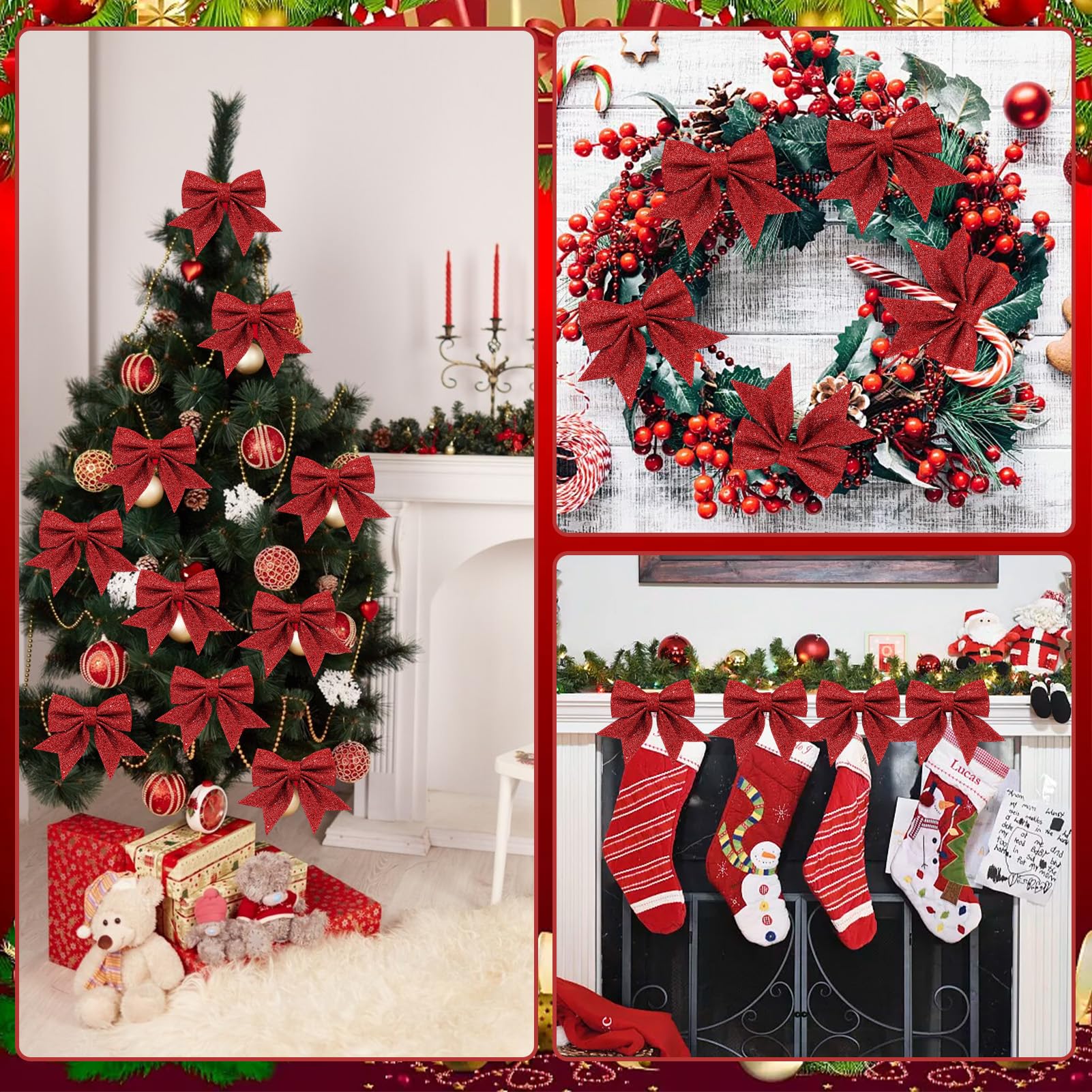 Nœuds De Ruban De Noël Pailletés – Lot De 12 – Rouge – 18x13 Cm – Pour Sapin, Couronne, Cadeaux, Déco Murale
