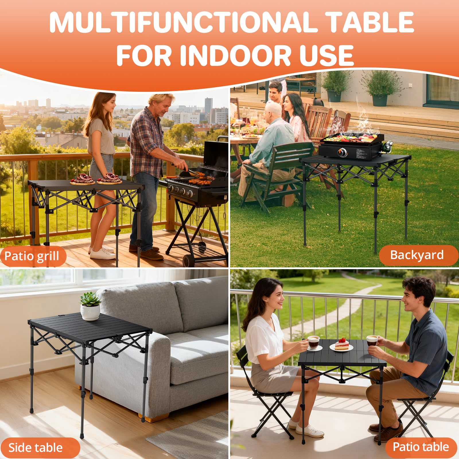 FUNYKICH Tavolo da Campeggio Pieghevole, Altezza Regolabile 2 Posizioni (44/70 cm), Tavolo da Picnic per Barbecue,Struttura in Acciaio X Resistente, Tavolo per Griglia, per Giardino, 67x58 cm, Nero