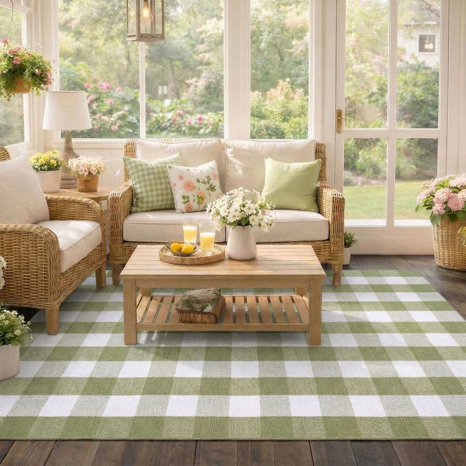 Spring Green and White Plaid Rug, 4' x 6' Cotton Blend Hand-Woven Washable Area Rug for Entryway, Porch & Farmhouse Decor, Indoor Outdoor Use