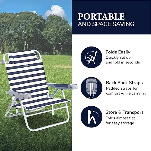 Miniatura 4 de Caribbean Joe Silla de playa plegable, mochila portátil de 5 posiciones, silla de camping plegable con reposacabezas y reposabrazos portavasos,