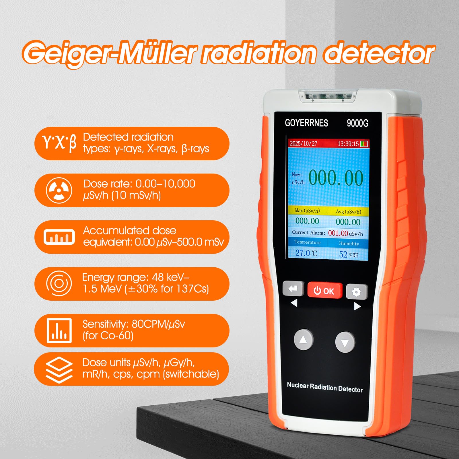 Contador Geiger, contador de radiactividad Geiger, detector de radiación nuclear para radiografía gamma beta con pantalla en alemán/inglés, almacenamiento de datos, velocidad de dosis en tiempo real y