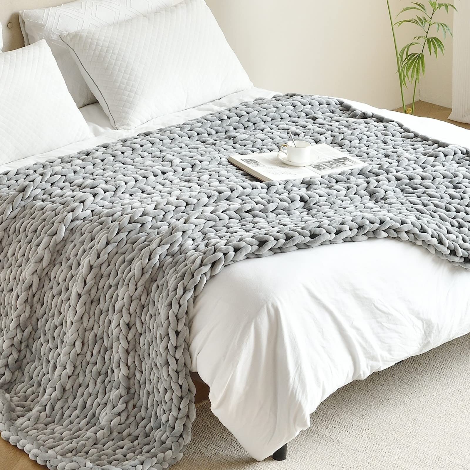 Photo 1 of **USED** Velvety Knitted Weighted Blanket 60 80 in 15 lbs, Soft Stylish Weighted Knit Blanket for Deep Sleep and Home Decor, Cozy Evenly Chunky Knit Blanket Throw, 60"x80" 15 lbs Grey
