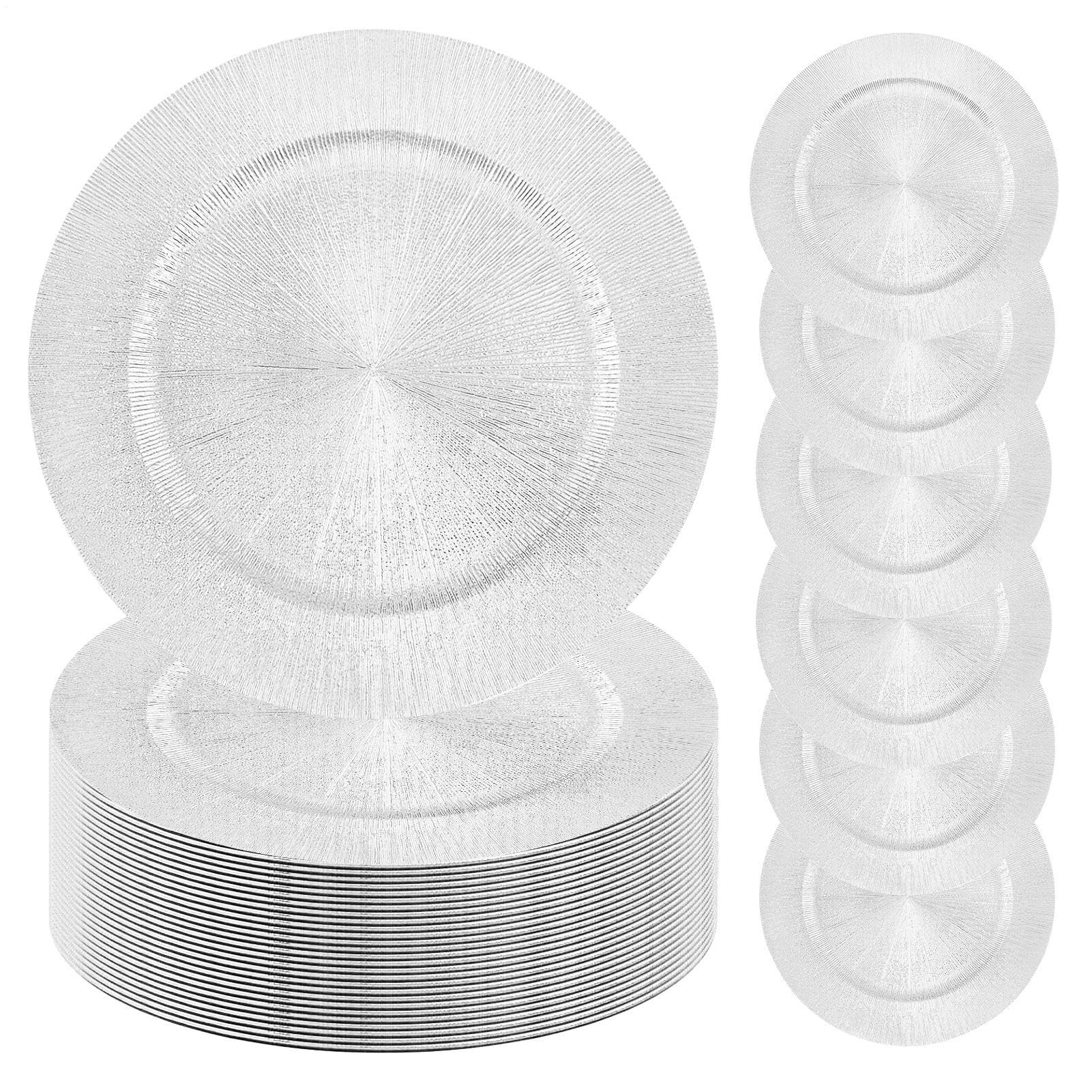 100Pcs Silver Charger Plates Bulk, 13 Inch Round Charger Plates Pc Wedding Dinner Elegant Reusable for Table Setting Wedding Partys Event Tabletop Setting Decor