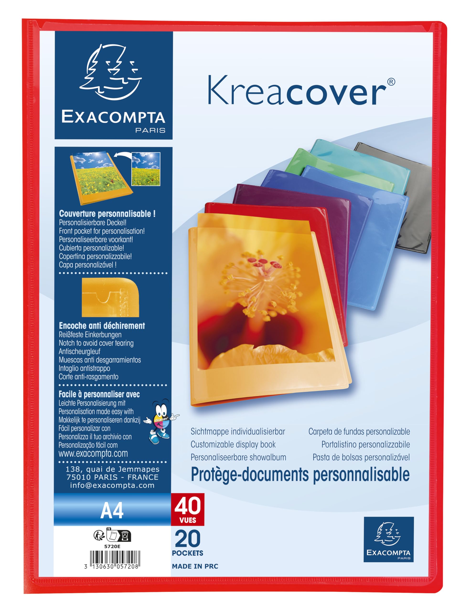Exacompta - Nr ref. 5720E - Karton 20 Kreacover Chromaline Teczka na dokumenty - 20 gładkich woreczków kryształowych - 40 widoków - do A4 - wymiary 24 x 32 cm - półsztywna okładka z polipropylenu