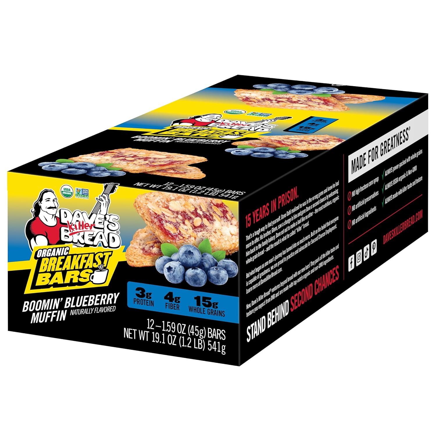 Dave's Killer Bread Boomin' Blueberry Muffin Naturally Flavored Organic Breakfast Bars, 12 Count