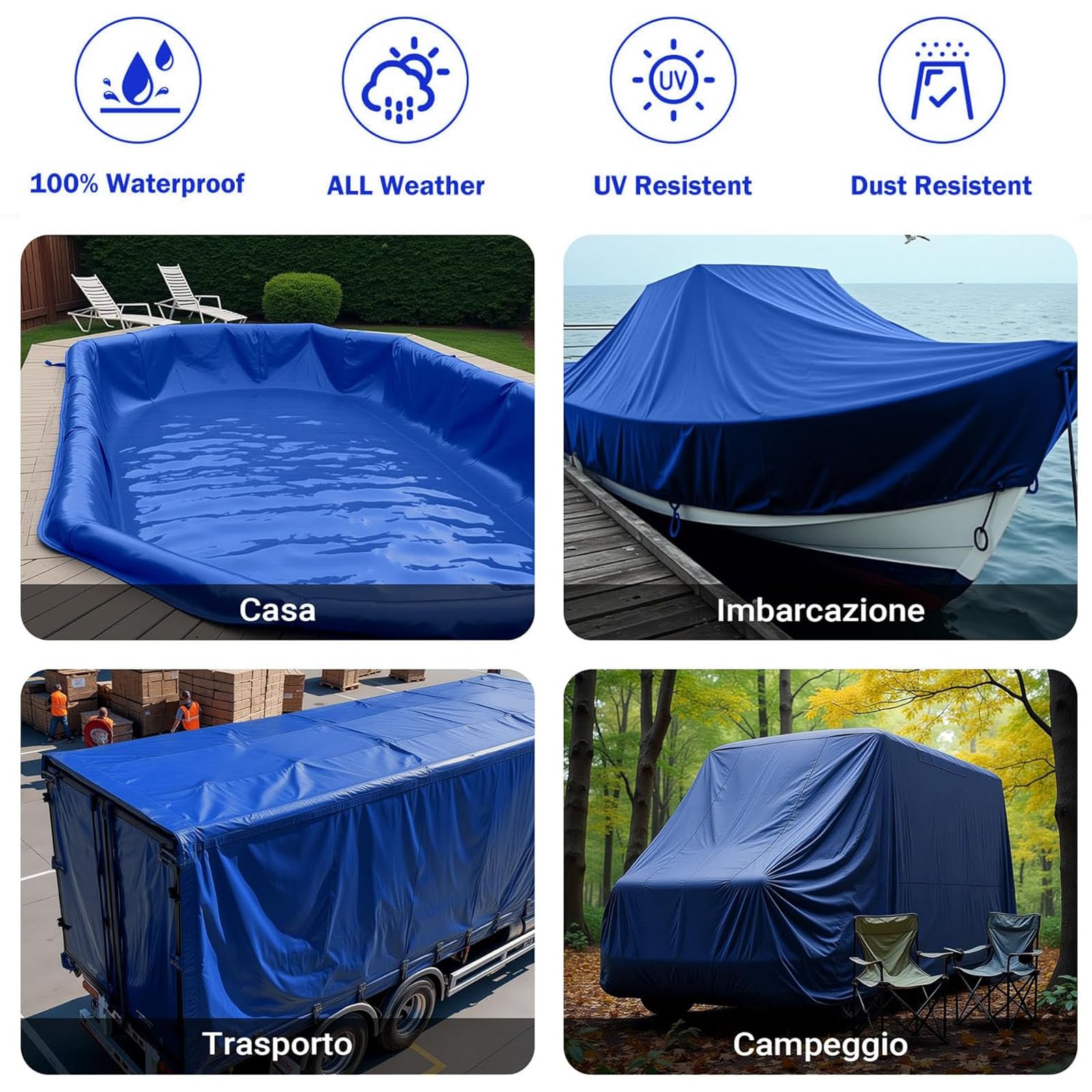 Telone per Esterni 205 x 440 cm Polietilene Rinforzato Antistrappo, Impermeabile Coperture Multiuso Copertura con Occhielli per Rimessaggi Tende Balconi Coperture, Blu