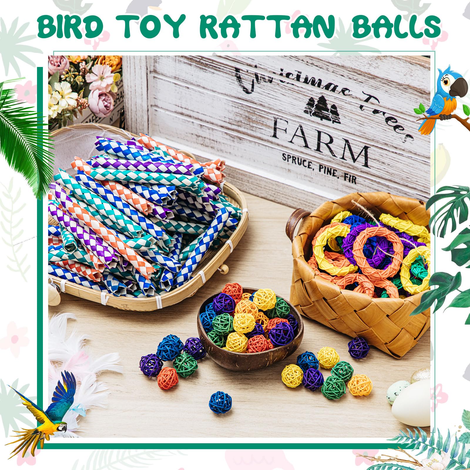 Hiboom 200 Stück Vogelspielzeug: 100 Fingerfallen, 60 Rattan-Kugeln, 40 Rankenringe – Papageien-Weidenbälle, Nymphensittich- und Sittich-Kauspielzeug für Wellensittiche, Kakadus, Haustierkäfig