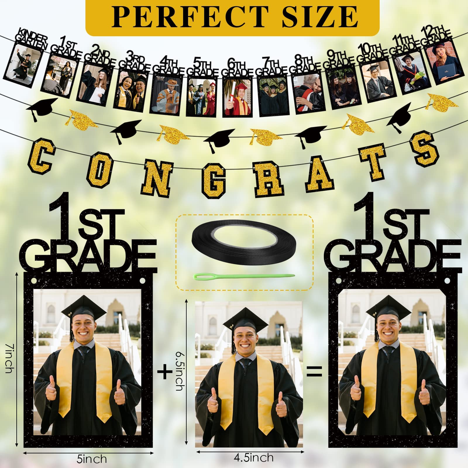 Congrats Grad Photo Banner Class of 2023 Photo Banner Party Supplies Golden Black Hanging Banners for Elementary, Middle, High School and College Graduation Party