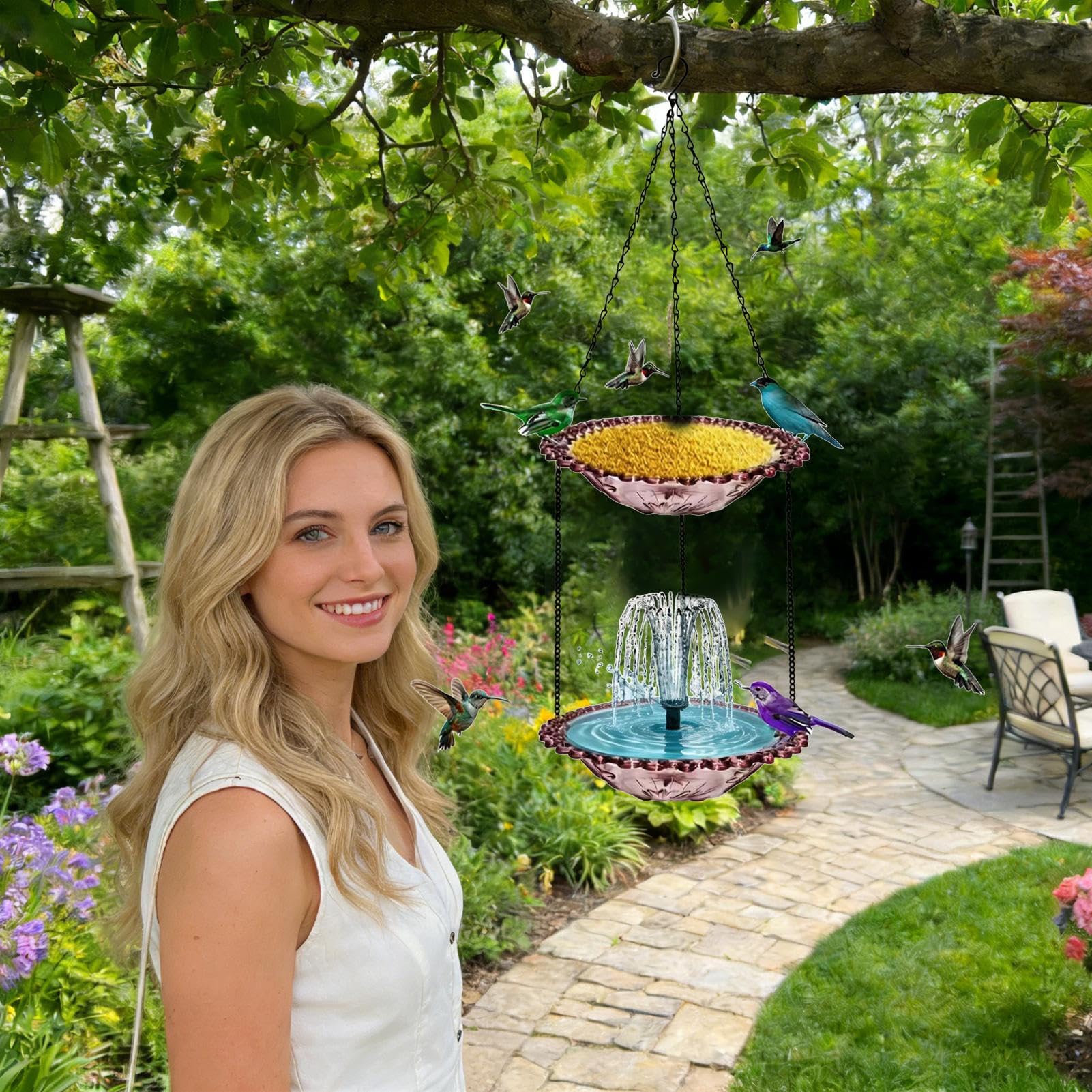 Fontana Solare per Uccelli con Bagno Cascata da Giardino con Mangiatoia | Fontana Solare per Uccelli per Terrazzo Giardino Cortile Balcone Arredo Esterno Paesaggistica