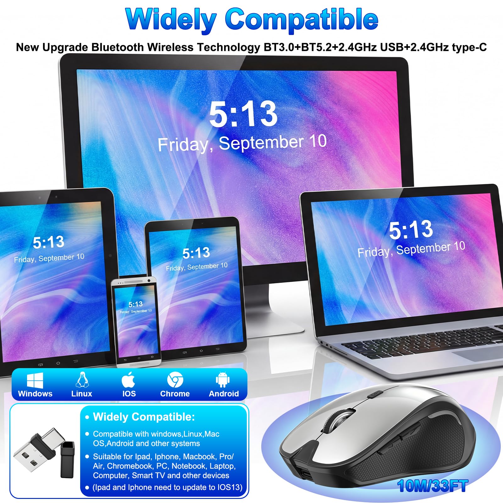 Mouse per MacBook Bluetooth Wireless Mouse Laptop MacBook Air Mac Pro Silenzioso Ricaricabile PC iPad Mouse Ottico con Jiggler Dual Mode Switch Bluetooth 5.2/3.0 e 2.4GHz USB Type-C Receiver SILVERY
