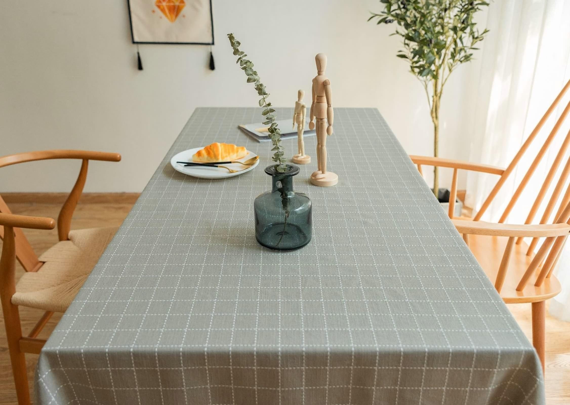 Tischdecke Abwaschbar Grau, Baumwollleinen Tablecloth Stickerei Kleines Karo Tischdecke Rechteck 110x170CM