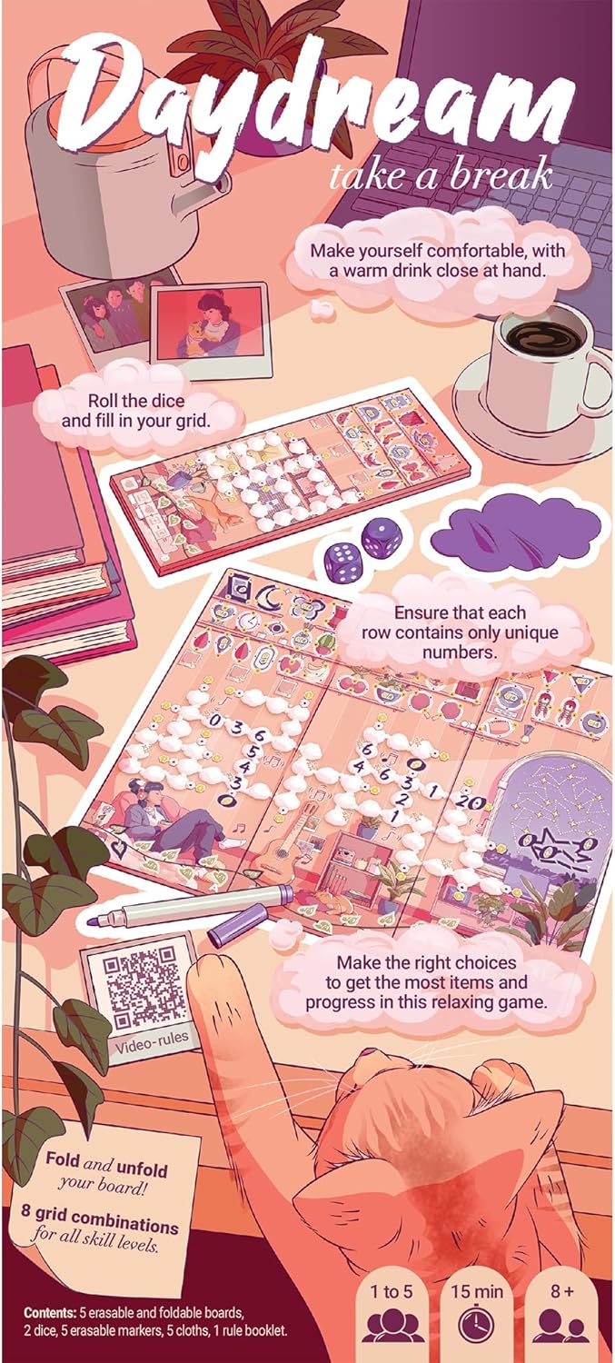 Daydream Board Game - Cozy Roll-and-Write Puzzle with Foldable Boards & 8 Sceneries, Relaxing Strategy Game for Families & Friends, Kids & Adults, Ages 8+, 1-5 Players, 15-30 Min Playtime