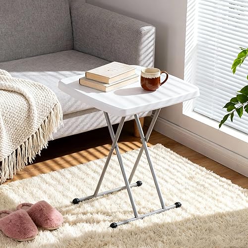 Vista 7 de SUPER DEAL 2.5 Foot Plastic Folding Table, Indoor Outdoor Portable Heavy Duty Adjustable Height Kitchen or Camping Barbecues Picnic Party Tray Blanco