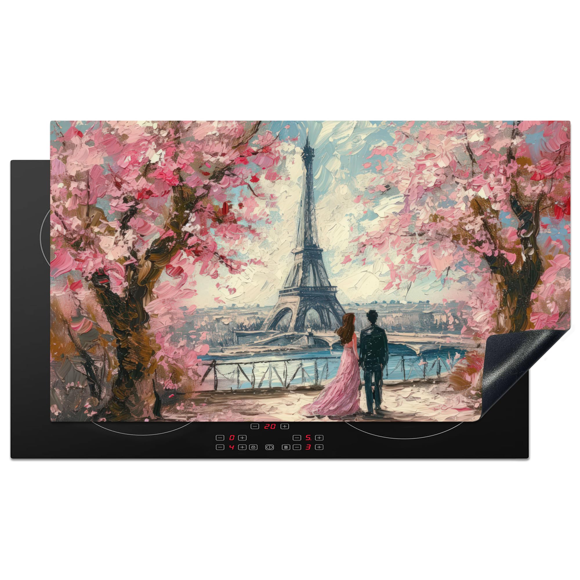 KitchenYeah© Induction Hob Protector Mat 20.3"x35.3" / 89.6x51.6 cm Cooker Top Protectors Cover Ceramic Covers Electric Hobs Vinyl Eiffel Tower - Couple - Pink - Romantic - Trees - Paris