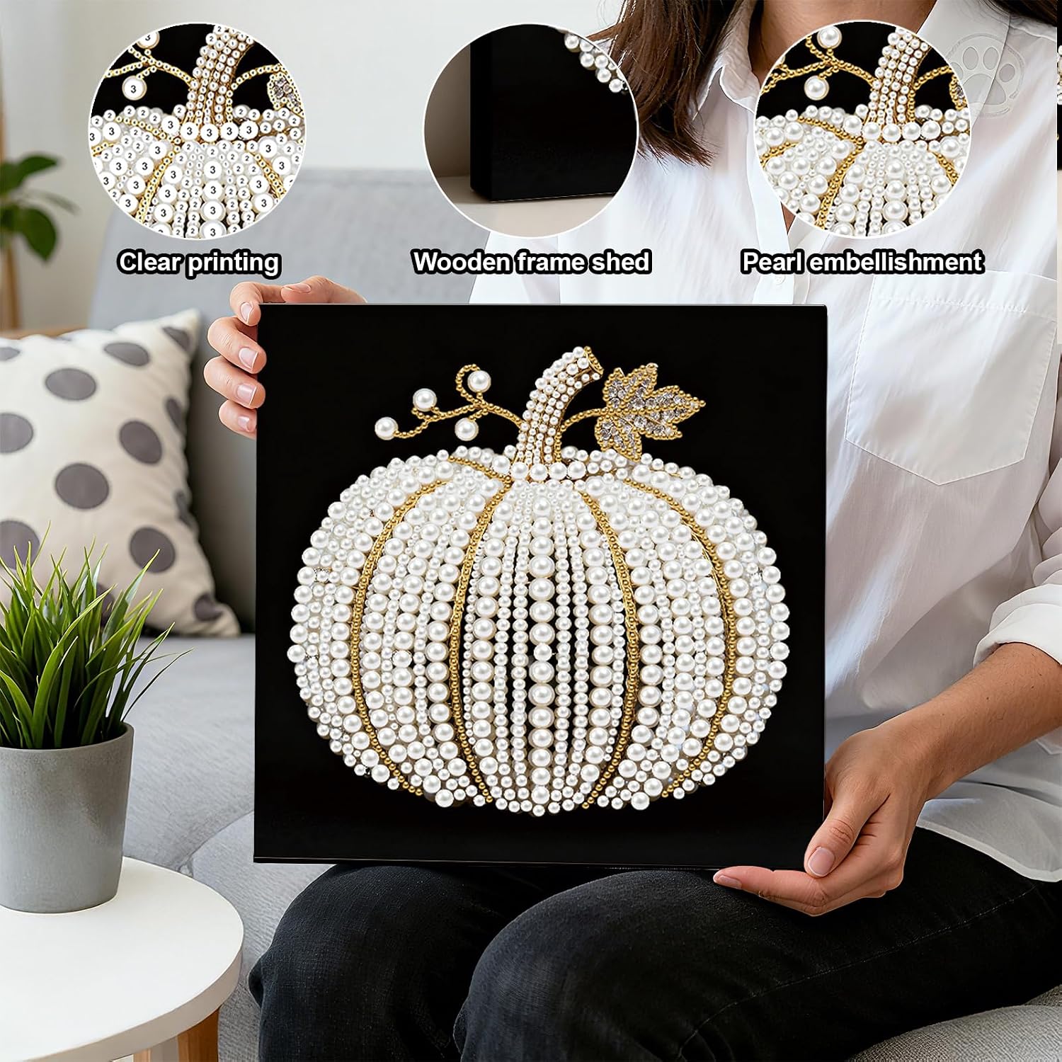 DIY Pearl Painting Kit with Wooden Frame, 3D Plastic Pearl Gemstone Ocean Art Craft for Adults Beginners, Diamond Dot Painting, Home Wall Decor Ready Gift for Women(Pumpkin)(25 * 25cm)