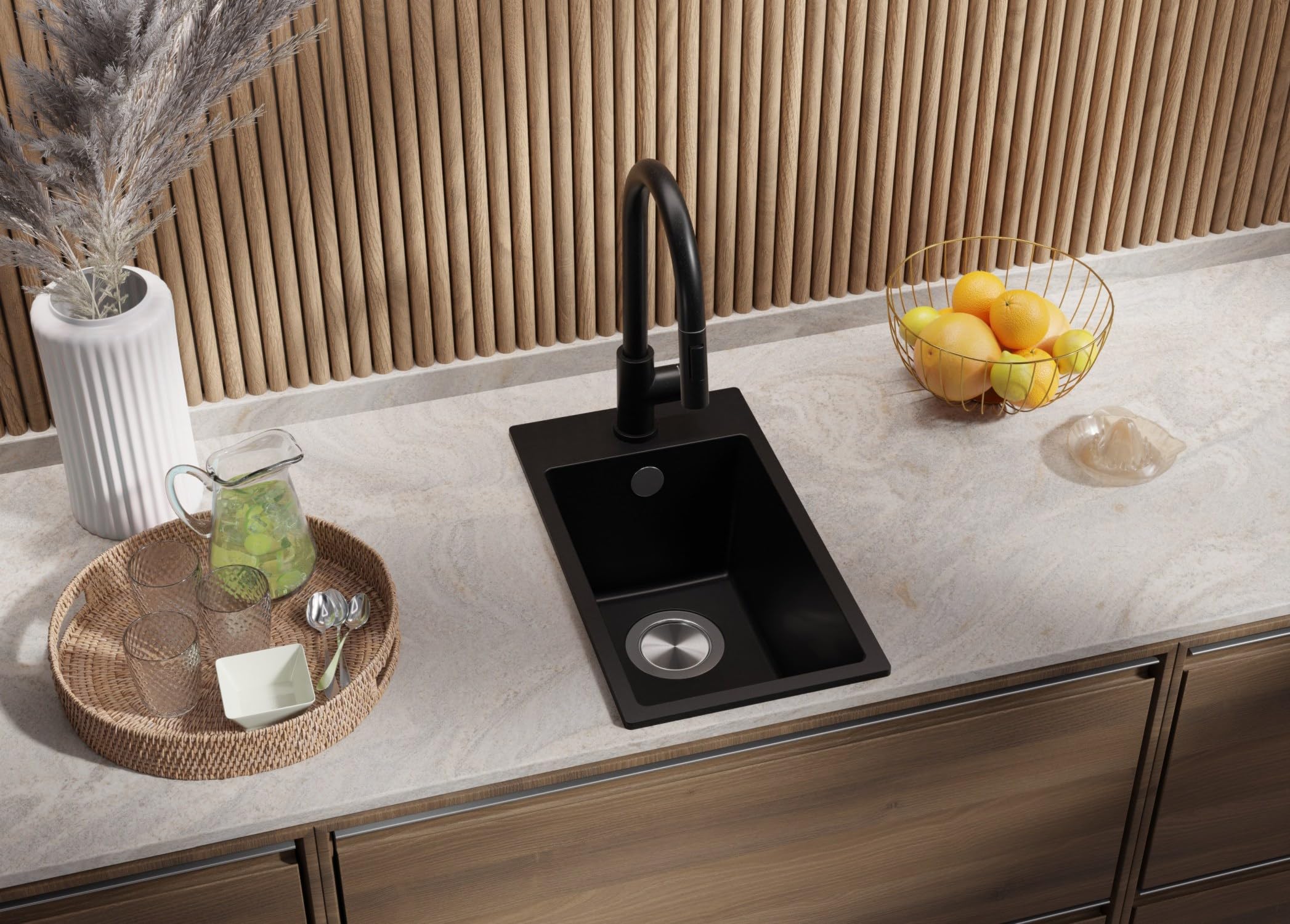 PRIMAGRAN Evier Cuisine en Granit Tout Noir 28x50cm, Lavabo 1 bac + Robinet 32x20cm + Kit de Vidage, Évier à Encastrer au Meuble 30cm - Riga S012