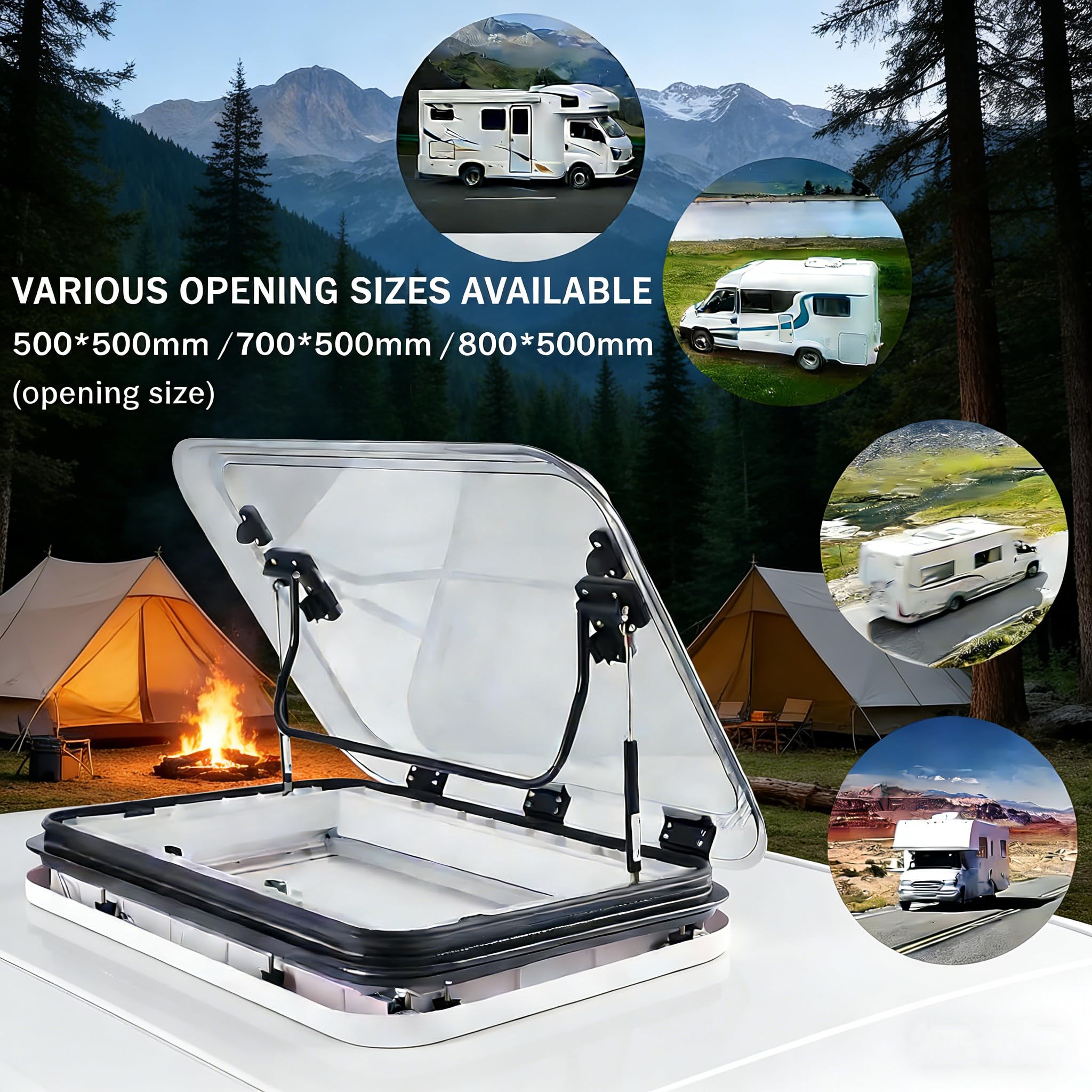 Dachlüfter für Wohnmobile, Wohnmobilfenster und Dachfenster, universelle Dachluke für Wohnmobile, großes Dachfenster-Belüftungsset für Wohnwagen mit LED-Beleuchtung 80x50cm