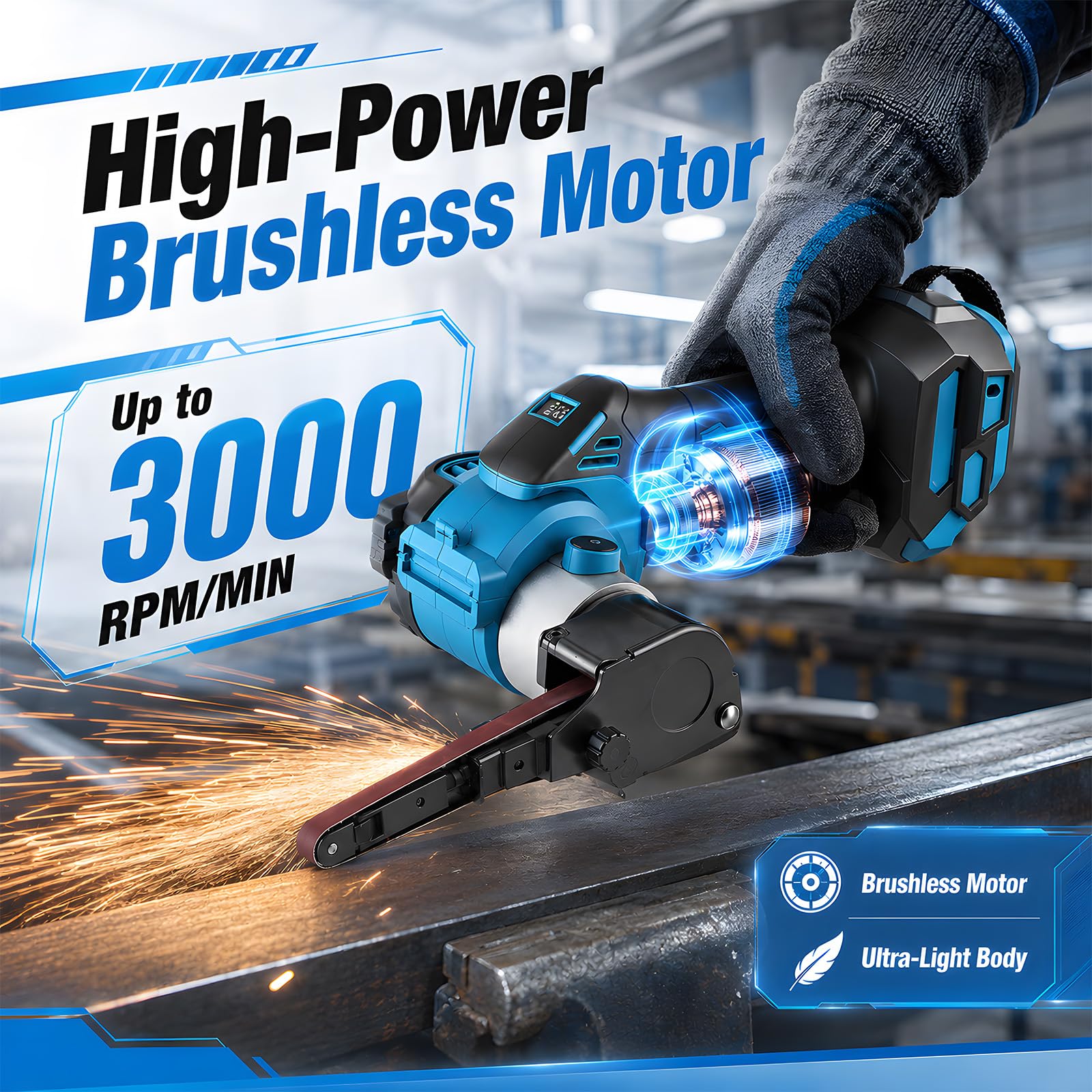 Levigatrice a nastro a batteria compatibile con Makita 18 V, lima a nastro senza spazzole con 20 nastri abrasivi, levigatrice elettrica a nastro per legno, metallo, plastica, braccio regolabile a 360°