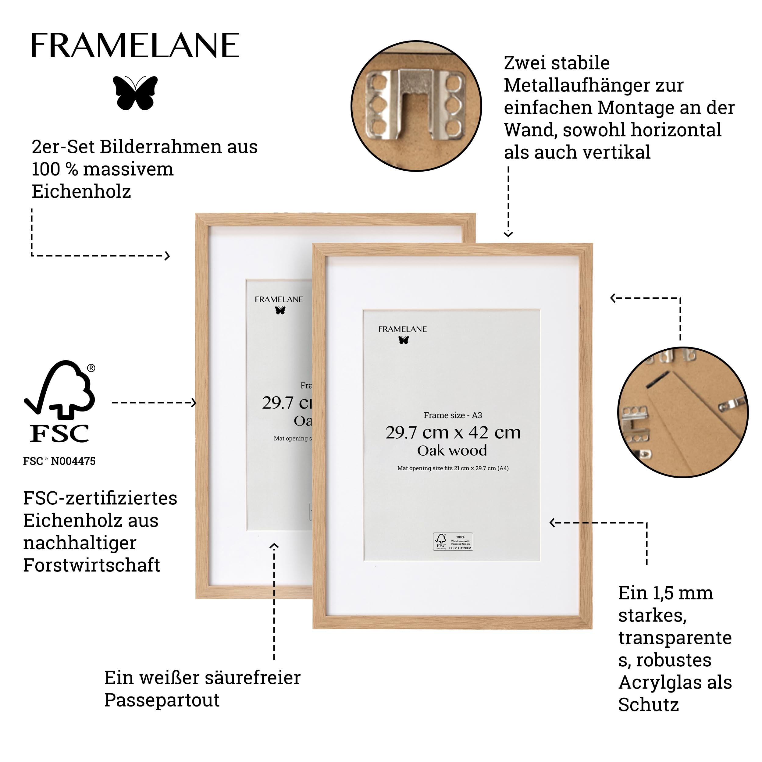Set of 2 Bilderrahmen A3 Eiche - FSC-Zertifizierter Holzbilderrahmen mit Passepartout - Kratzfestes & Bruchsicheres Acrylglas - Premium Bilderrahmen Eiche für Hoch- und Querformat