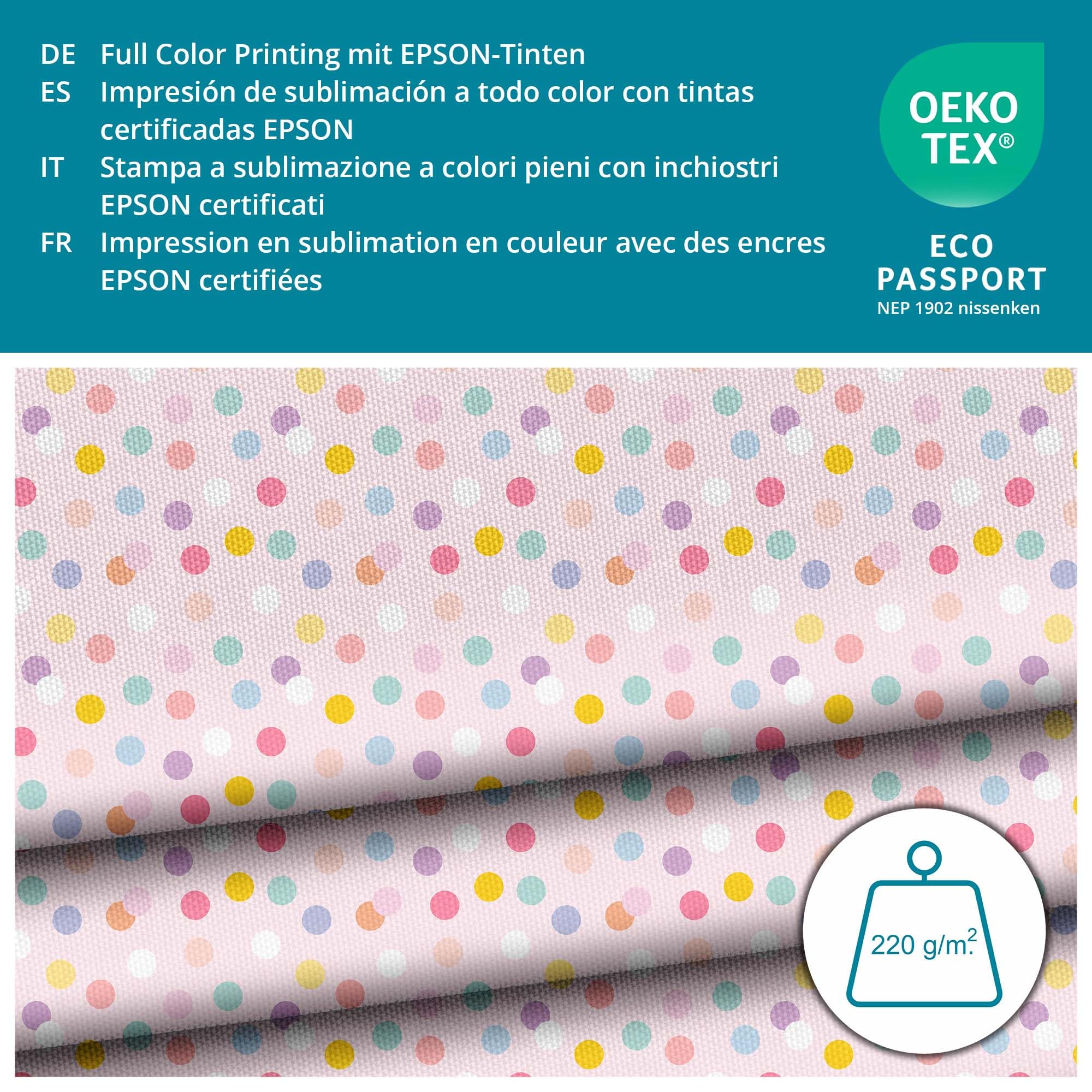 DreamRoots Tessuto Impermeabile Oxford 600D Al Metro - 160 Cm Larghezza, 220g/m², Fantasia Pastel Confetti Dots, 1 Metro