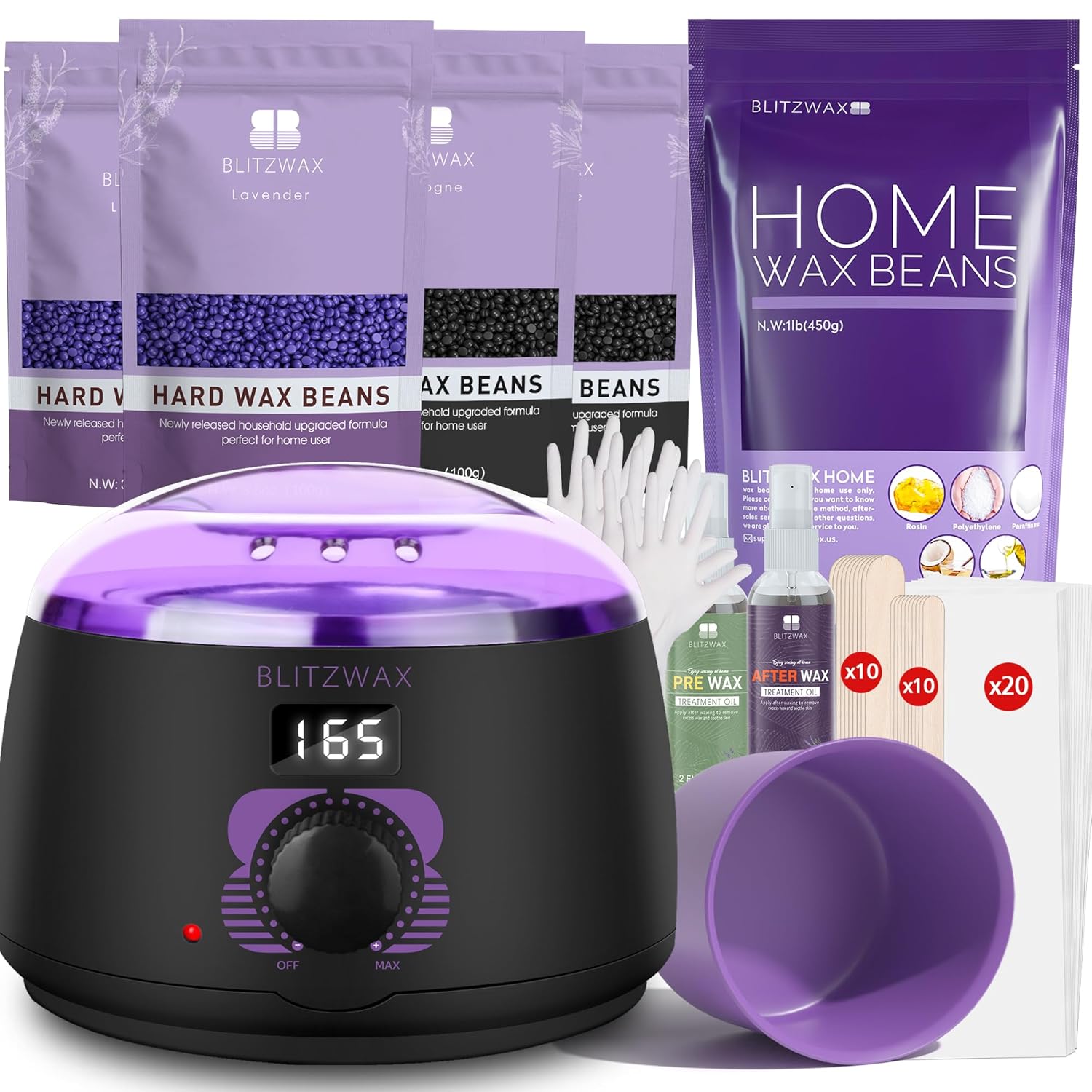 BLITZWAX Brazilian and Bikini Waxing Kit With 1lb Lavender Wax Beads, Hard Wax Warmer for Face, Legs and Body, At Home Hair Removal Kit, Beginner Friendly, Digital Fast Heating, 52 Wax Items