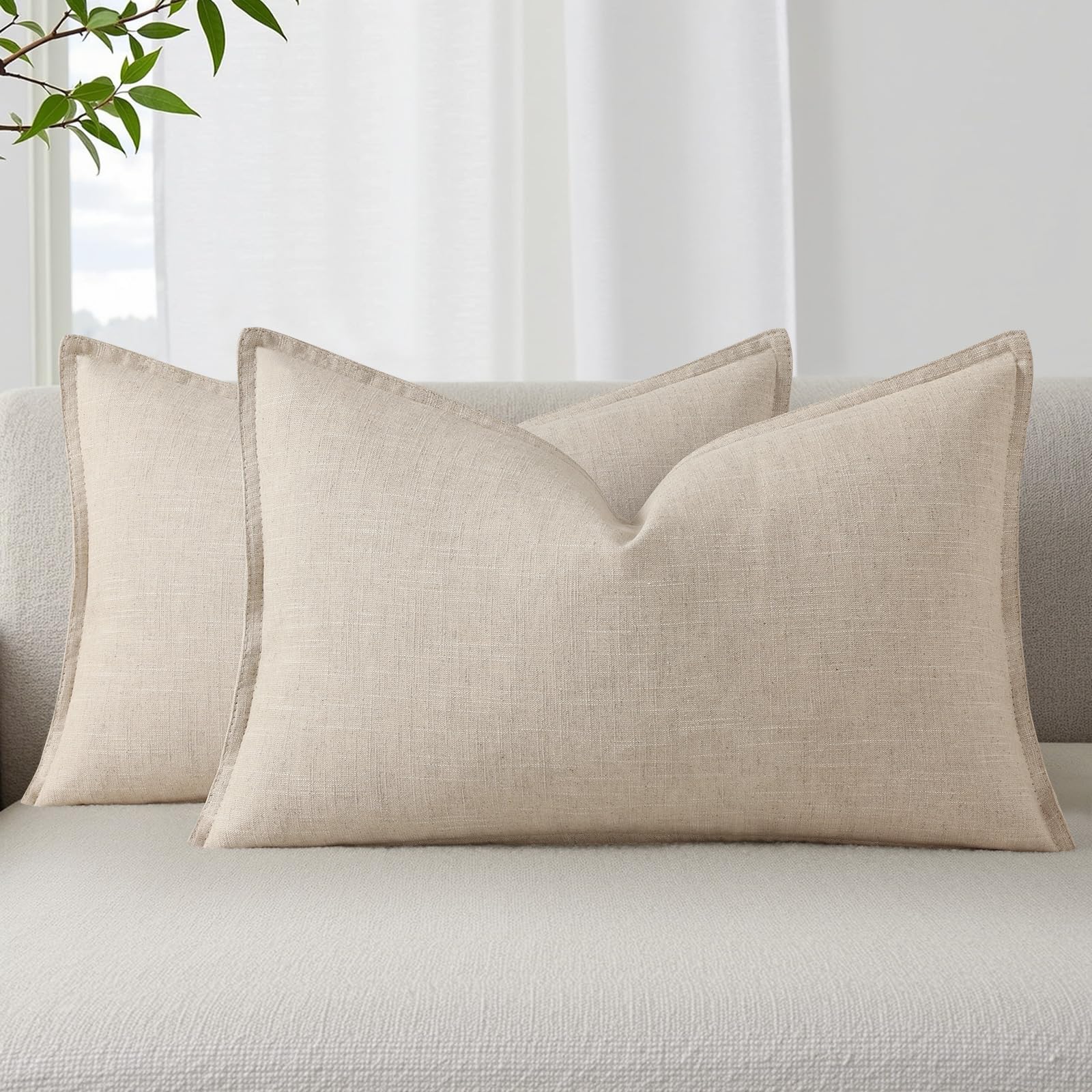 decorUhome Fall Beige Linen Throw Pillow Covers 12x20 Set of 2