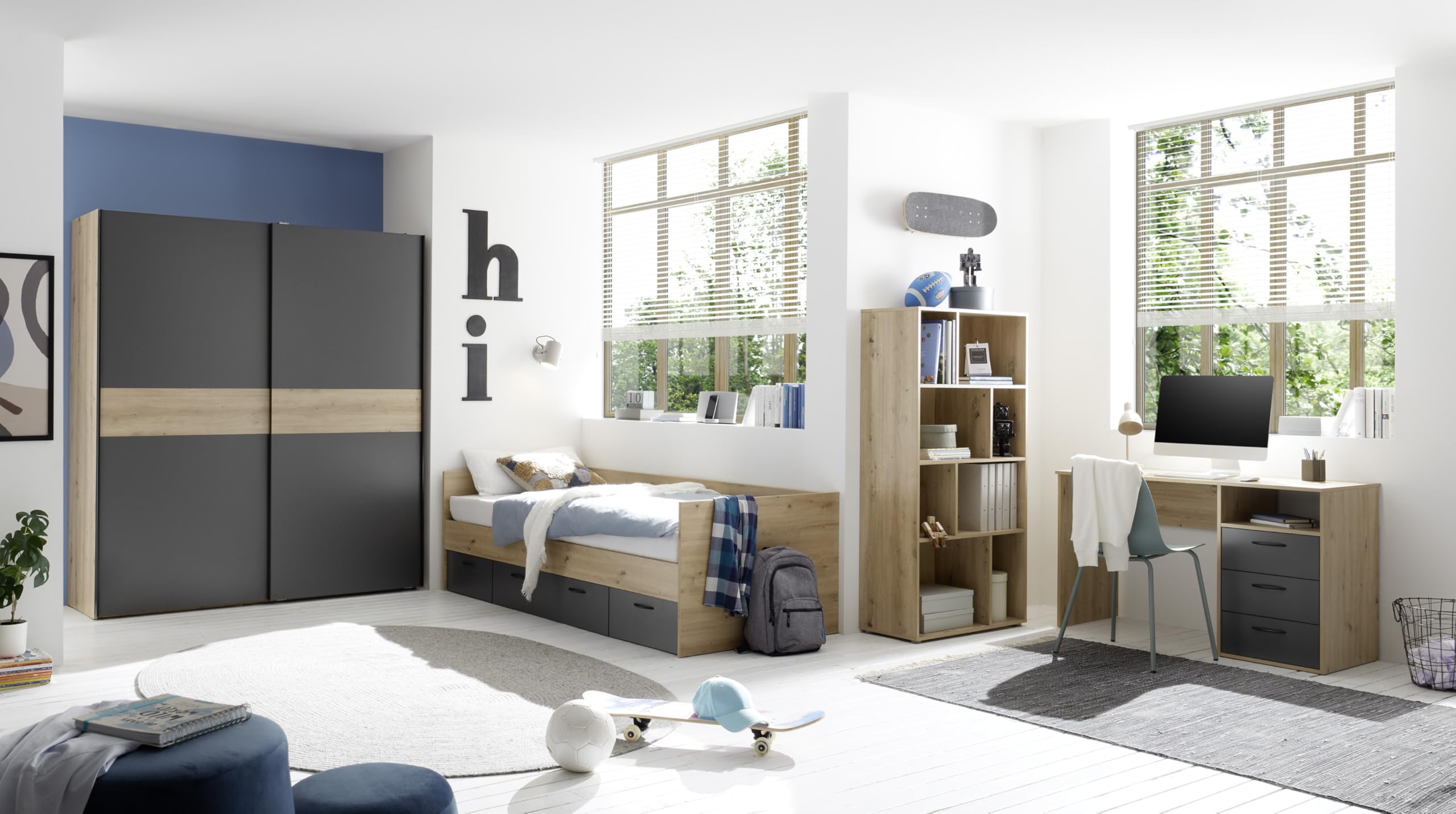 Jugendzimmer Liam in Artisan Eiche und Graphit 4 teiliges Kinderzimmer Komplett Set mit Schwebetürenschrank, inklusive Türdämpfung, Jugendbett, Schreibtisch und Standregal