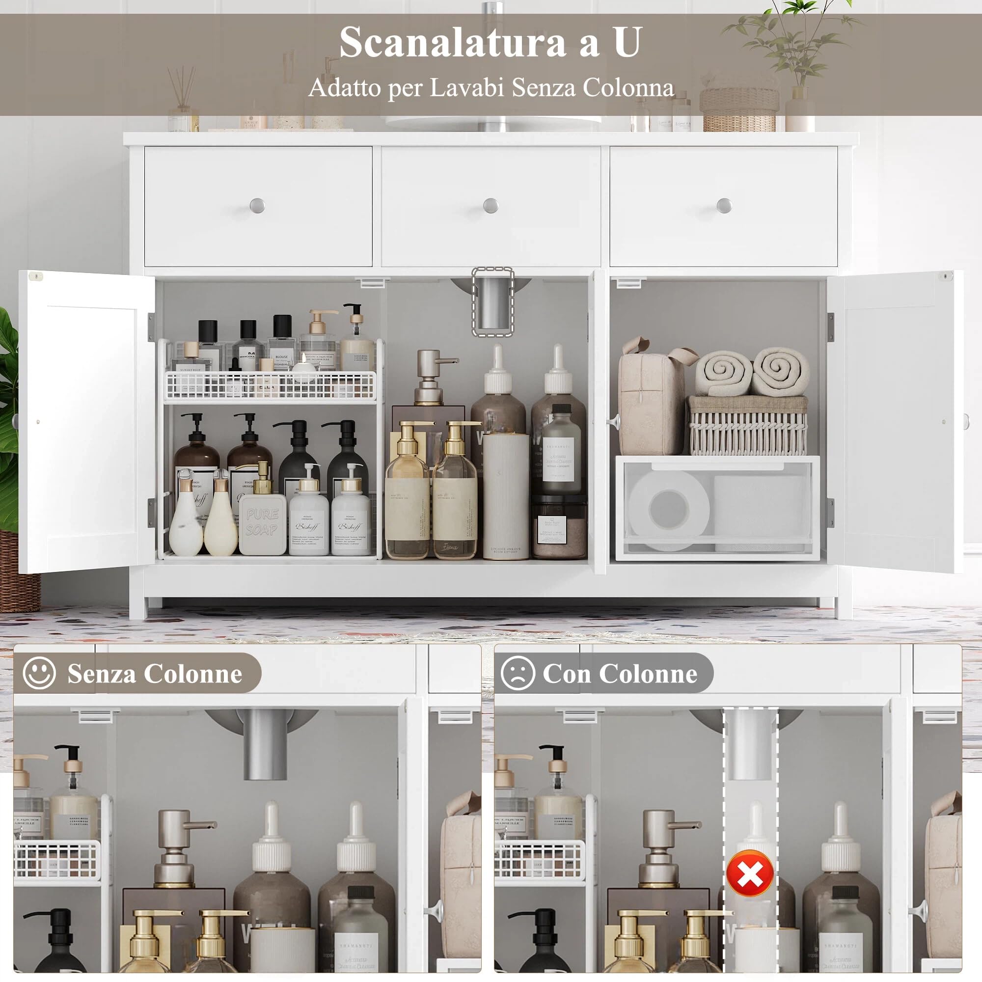 FOREHILL 100cm Mobile Sottolavabo per Bagno Grande, Mobile Bagno a 2 Cassetti e 3 Ante, Mobiletto Portaoggetti da Terra, Scanalatura a Forma di U, 100x30x61cm (Bianco)