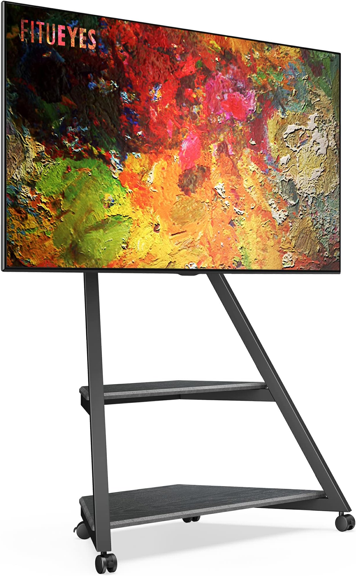 Design Corner TV Stand with Wheels for 43 55 65 70 75 Inch TV, Black TV Cart Floor Stand, Modern TV Stand with Wooden Storage Shelves, Eiffel Series