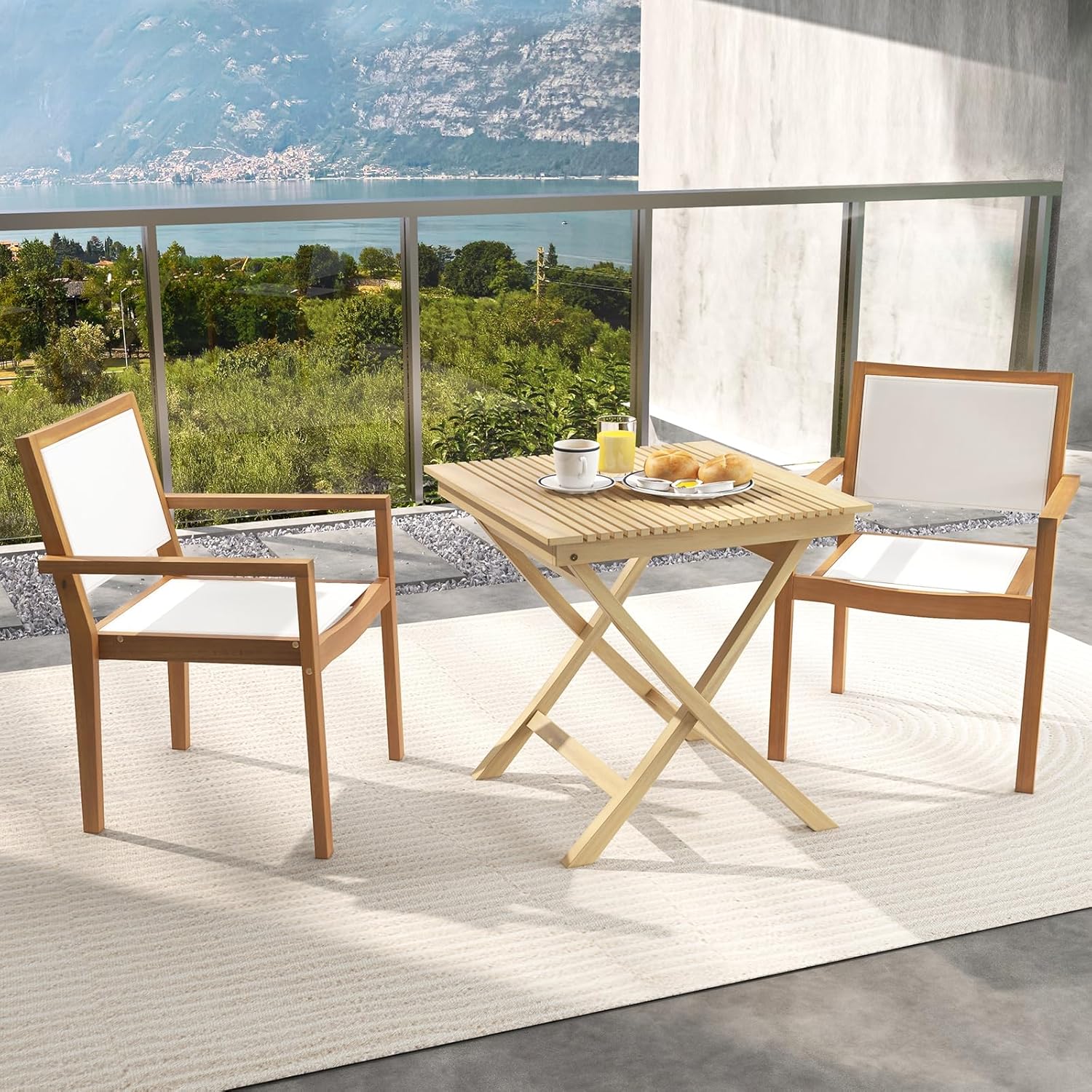 GOFLAME Stackable Patio Dining Chairs Set of 4, Outdoor Armchairs with Fabric Seat and Backrest, Patio Conversation Chair Set with Acacia Wood Frame for Porch, Balcony, Poolside, Garden