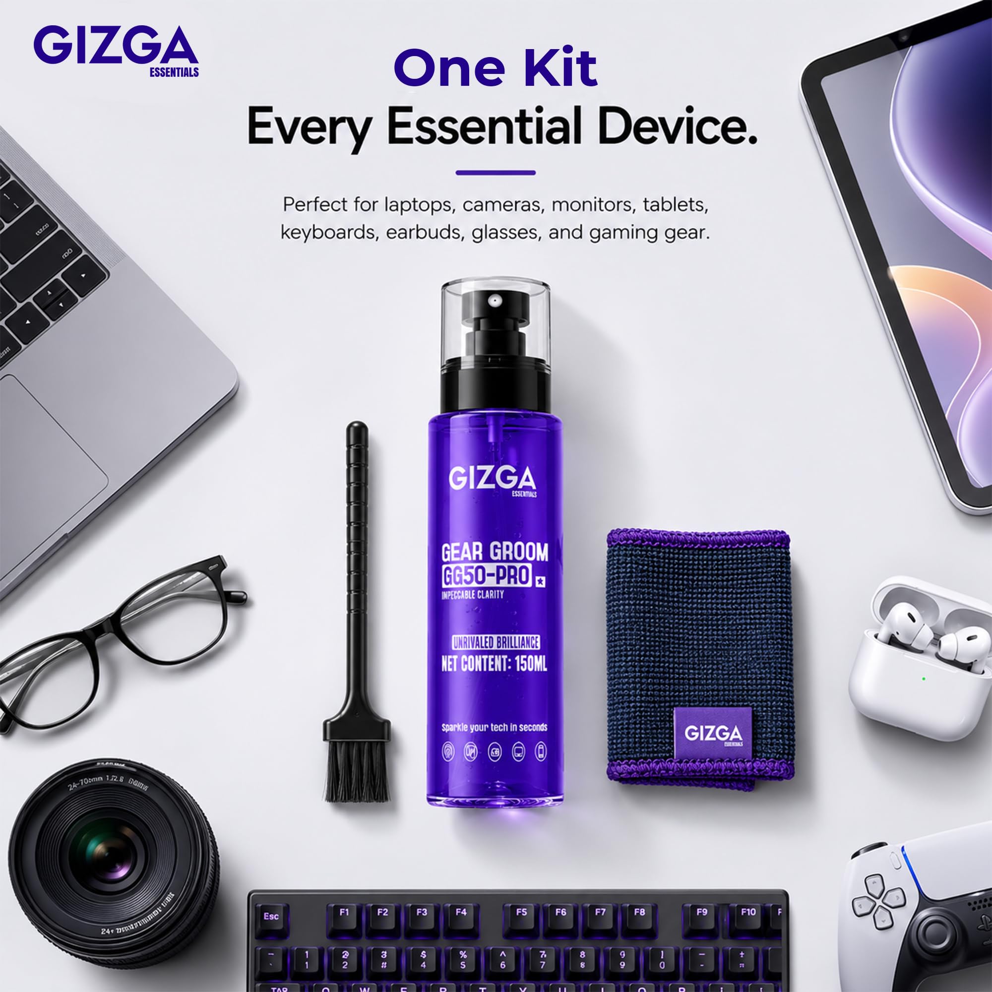 Gizga Pro Series 3-in-1 Cleaning KIT - 150ml Cleaning Spray, Microfiber Cloth & Cleaning Brush| Safe Screen Cleaner for Laptop, PC, Smartphone, Tablet, DSLR Camera Lens, Binocular, Keyboard, Gadgets 3