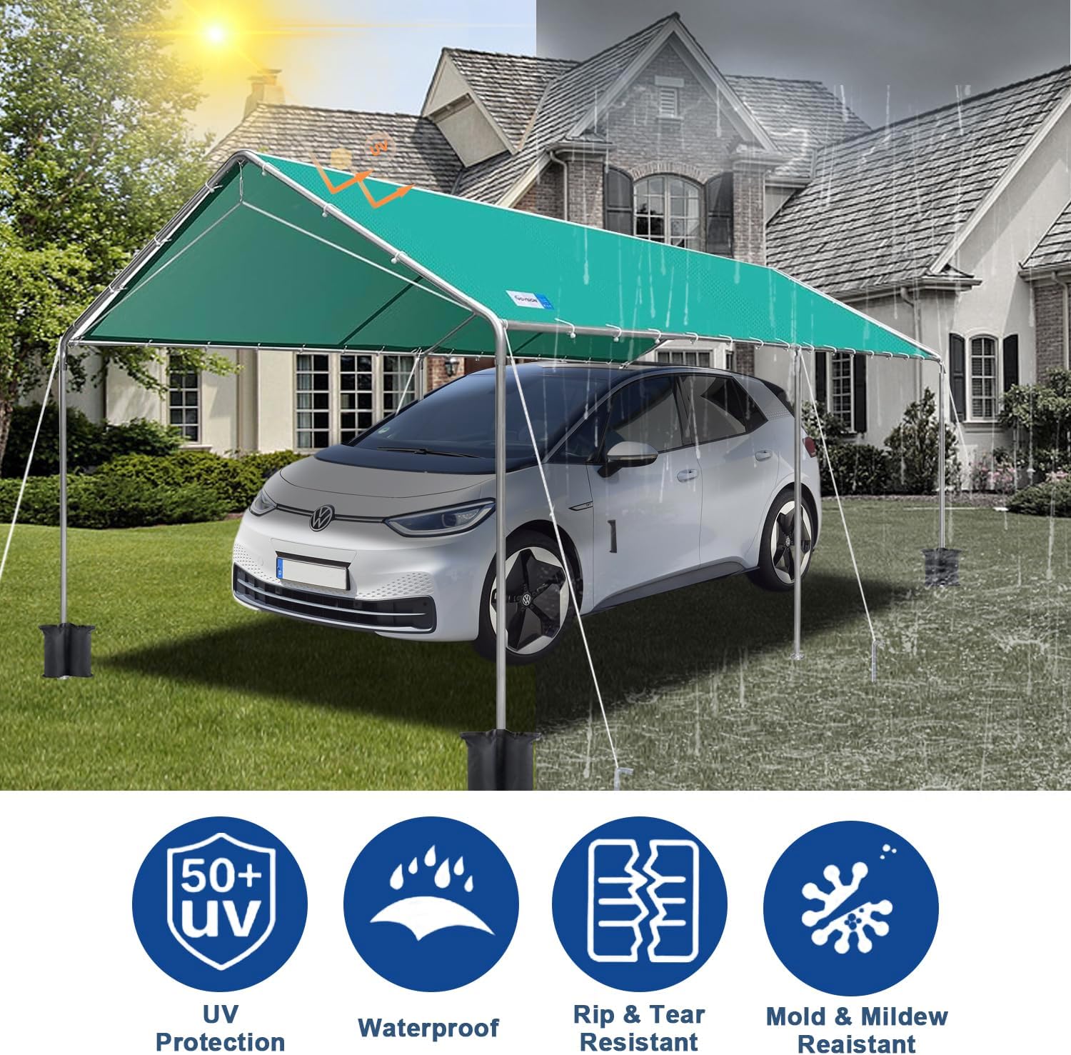 10x20 ft Heavy Duty Car Canopy Galvanized Frame Carport Outdoor Party Tent Boat Shelter with Reinforced Structure, No Sidewall - Green