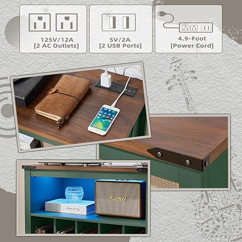 Miniatura 6 de Mesa grande para tocadiscos con estación de carga y luces LED, gabinete de almacenamiento de discos de vinilo verde con capacidad para hasta 230