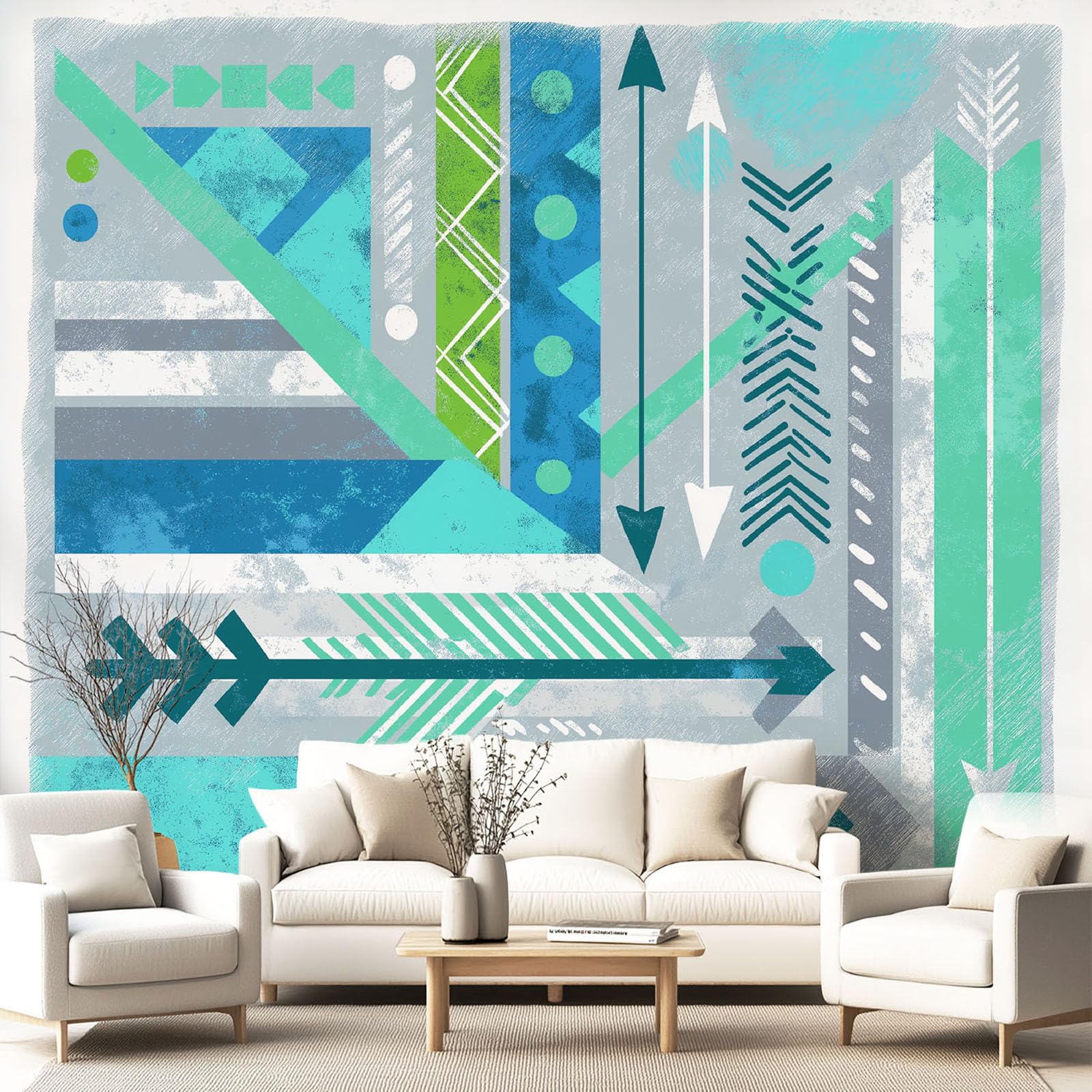 Papier Peint Panoramique Bohème Géométrique 350 x 256 cm Papier Peint Intissé Mural, Poster Geant Mural Flèche Bleu canard pour Salon Chambre d'enfants restaurant Décoration Murale