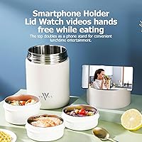 Vista 5 de Tarro de alimentos aislado de 60 onzas con tapa para teléfono, lonchera de acero inoxidable con 3 compartimentos, a prueba de fugas, Bento térmico