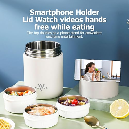 Miniatura 5 de Tarro de alimentos aislado de 60 onzas con tapa para teléfono, lonchera de acero inoxidable con 3 compartimentos, a prueba de fugas, Bento térmico