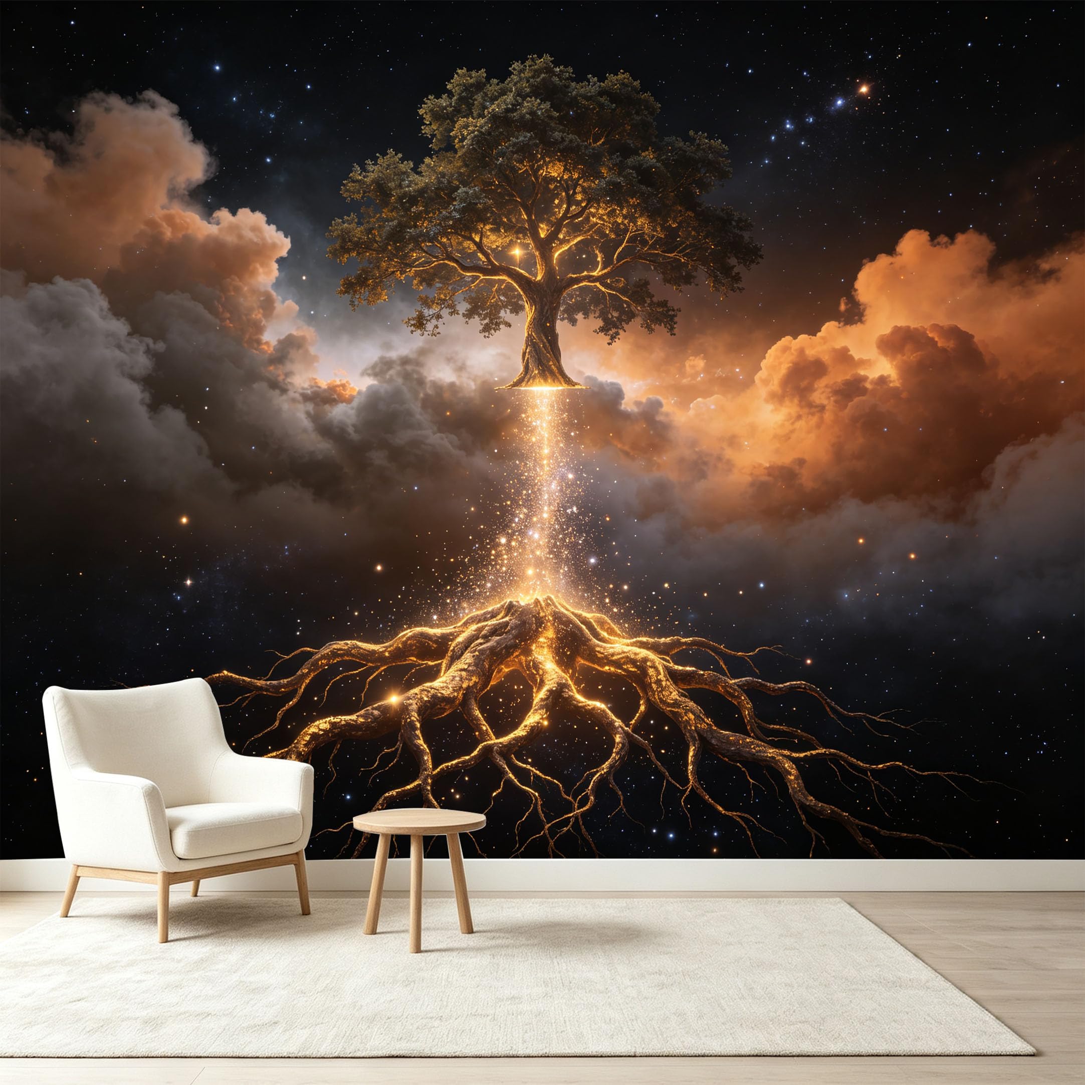 Custom Size Wall Murals Cosmic Ancient Tree Nebula Energy Starry Night Sky Self-Adhesive Wall Fabric Removable Wallpaper Wall Decor for Living Room Bedroom Bathroom