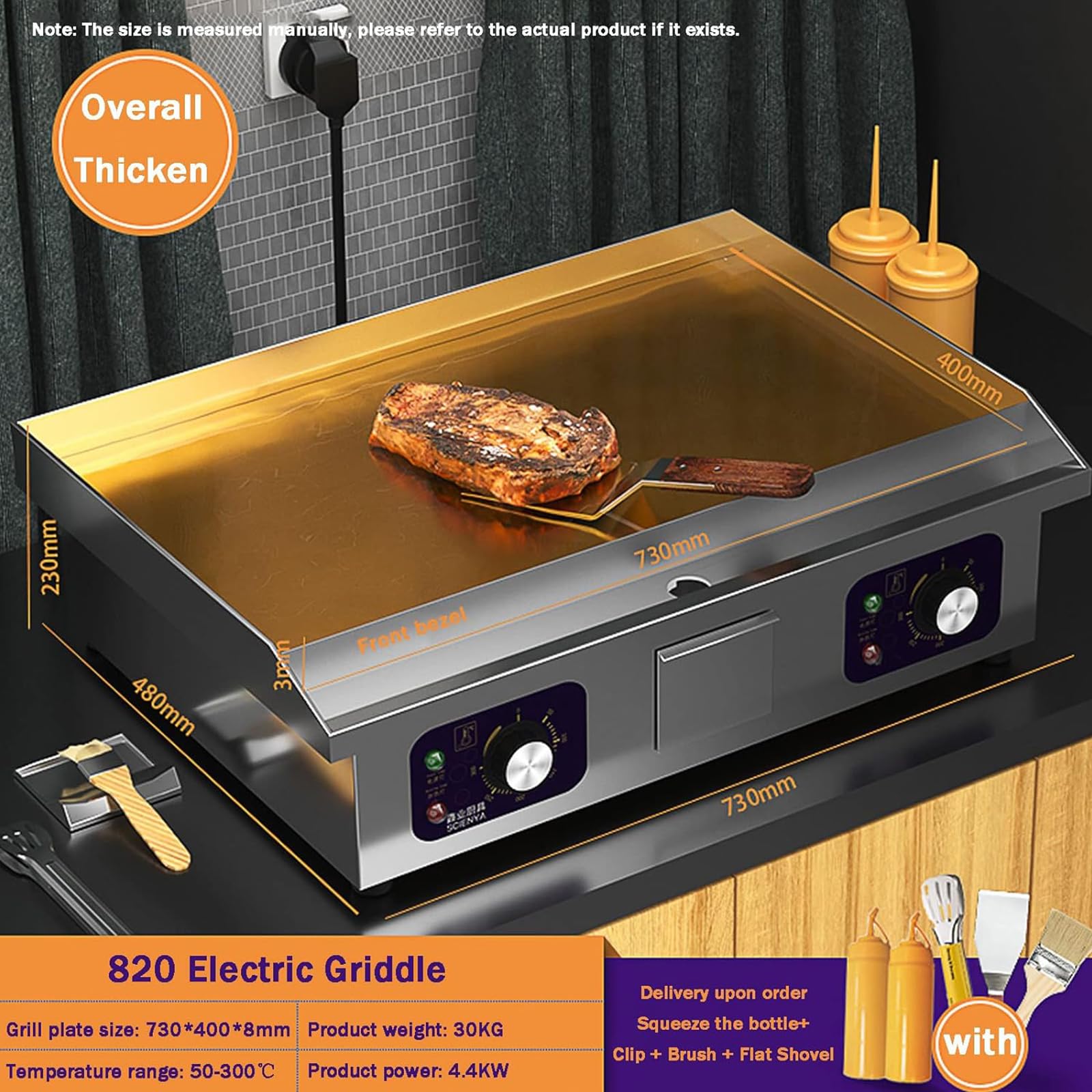 Piastra Elettrica Griglia Commerciale da Banco BBQ Teppanyaki Grill in Acciaio Inox, Controllo della Temperatura Regolabile 122°F-572°F per Cucina Campeggio E Aperta,28.7in