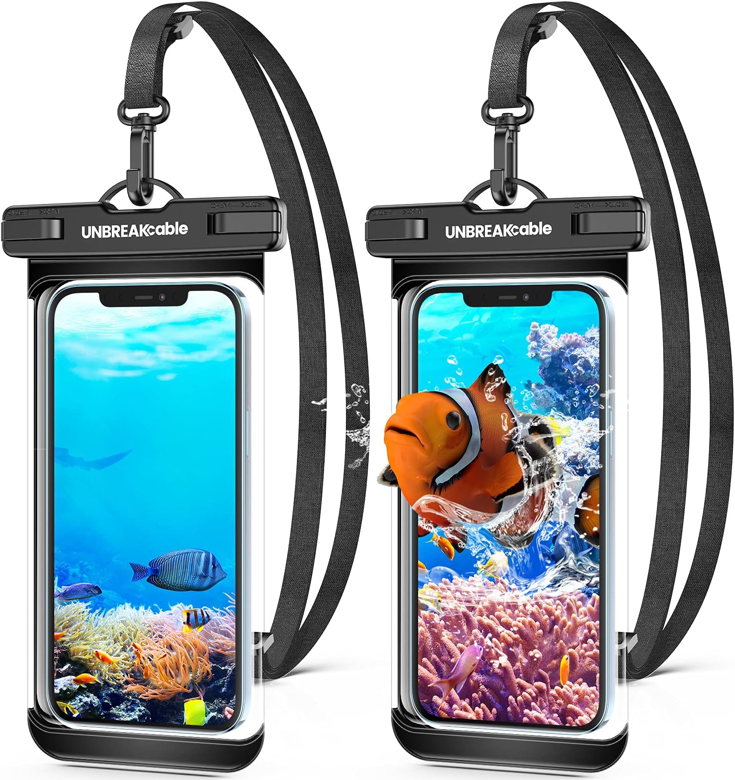 UNBREAKcable Waterproof Underwater Mobile Phone Case (Upgraded), 2-Pack, IPX8, Swimming, Other Water Activities, iPhone 14 13 12 Mini 11 Pro Pro Max X XR XS SE 8 7 Plus, Android Up To 7.0″ (Black)