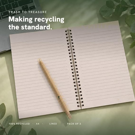 rescript A4 Spiral Notebook Lined 3 Pack, Ruled A4 Notebooks 200 Pages Spiral Bound, Recycled Note Books and A4 Notepad Multipack for School, College and Work, Off White Unbleached Paper