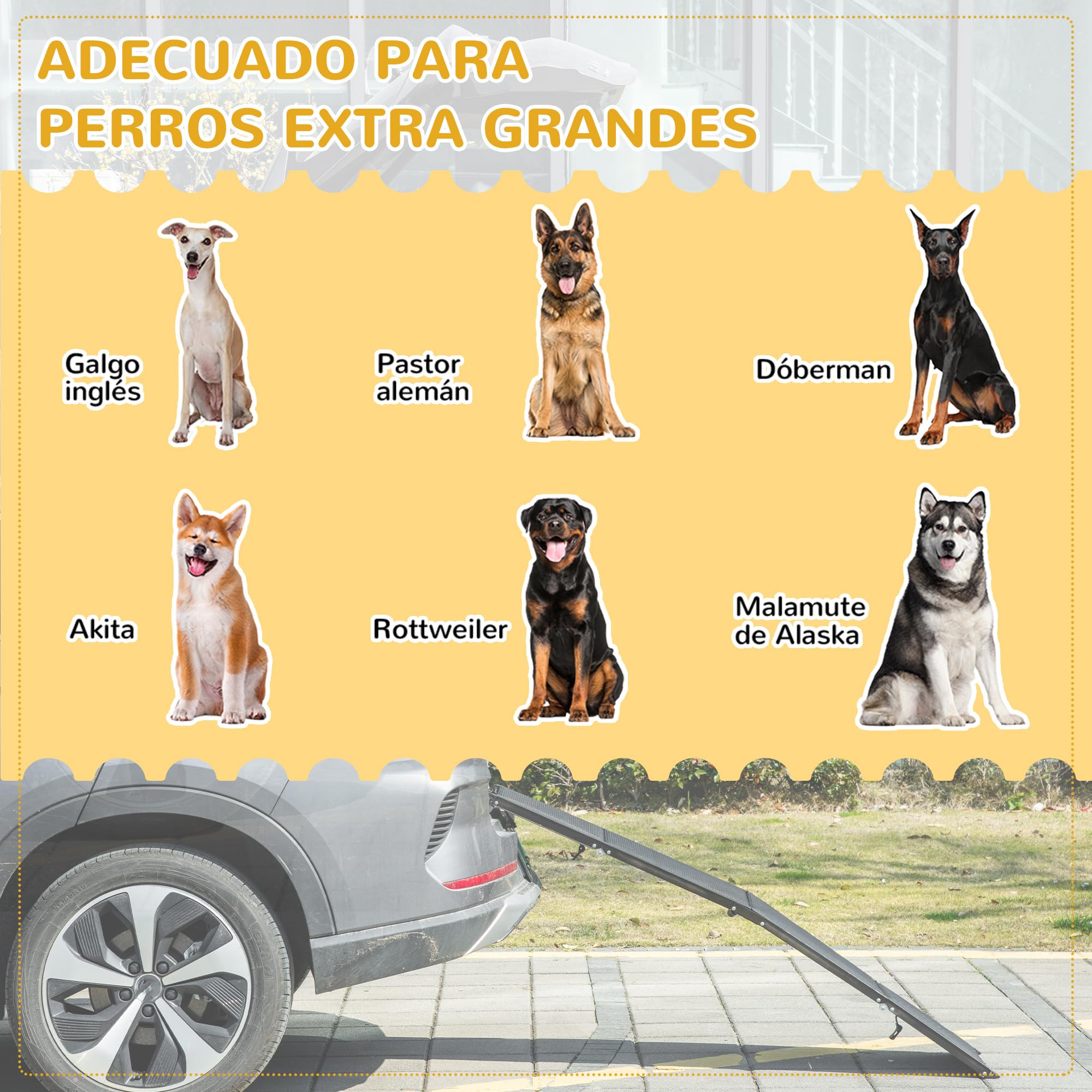 PawHut Rampa para Perros Plegable con Superficie Antideslizante Rampa para Mascotas para Coche de Aluminio con Asa y Gancho Carga 80 kg 158x43,5x2,5 cm Negro