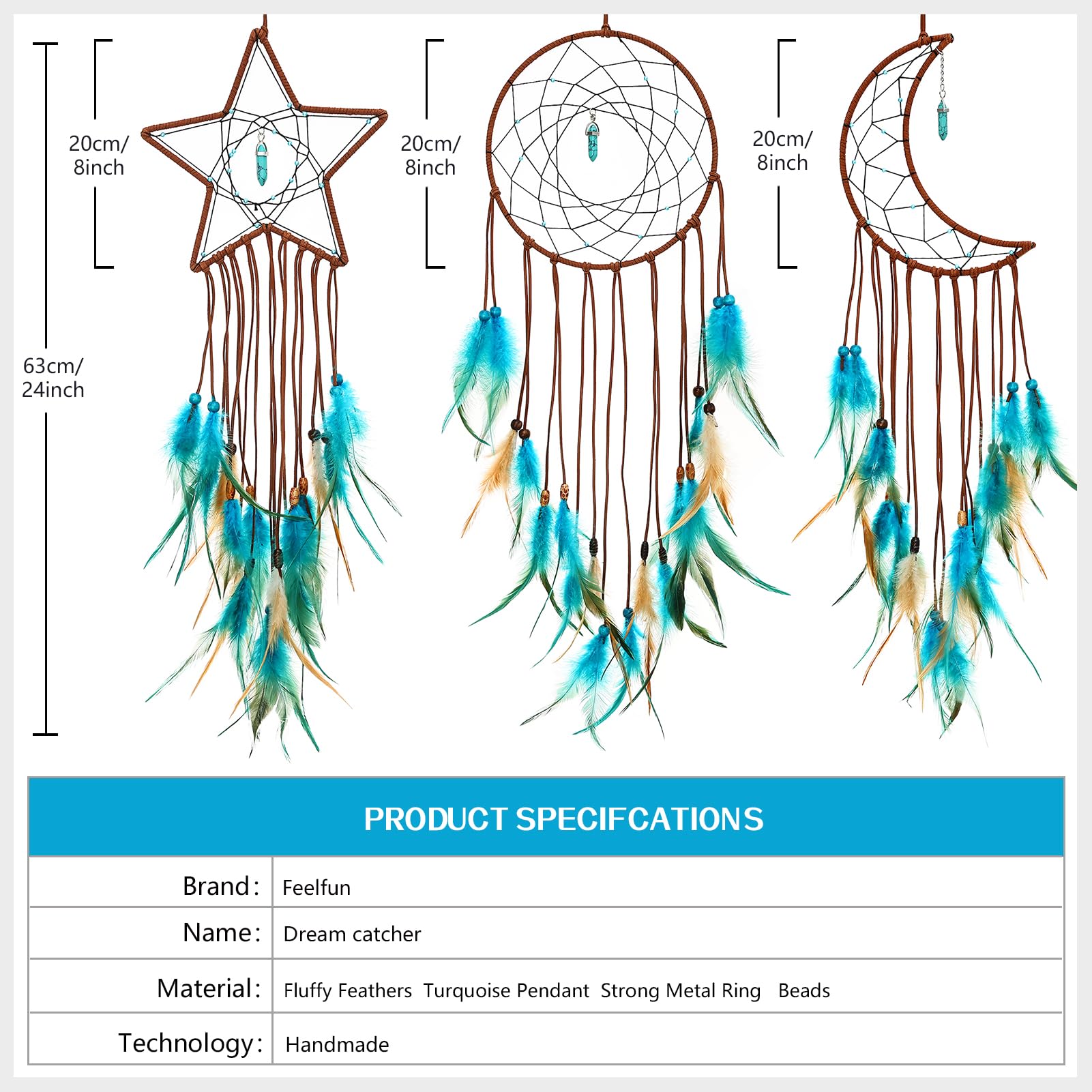 Lot De 3 Attrape-Rêves à La Main - Design Soleil, Lune, Étoile - Déco Murale Bohème - Diamètre 20 Cm