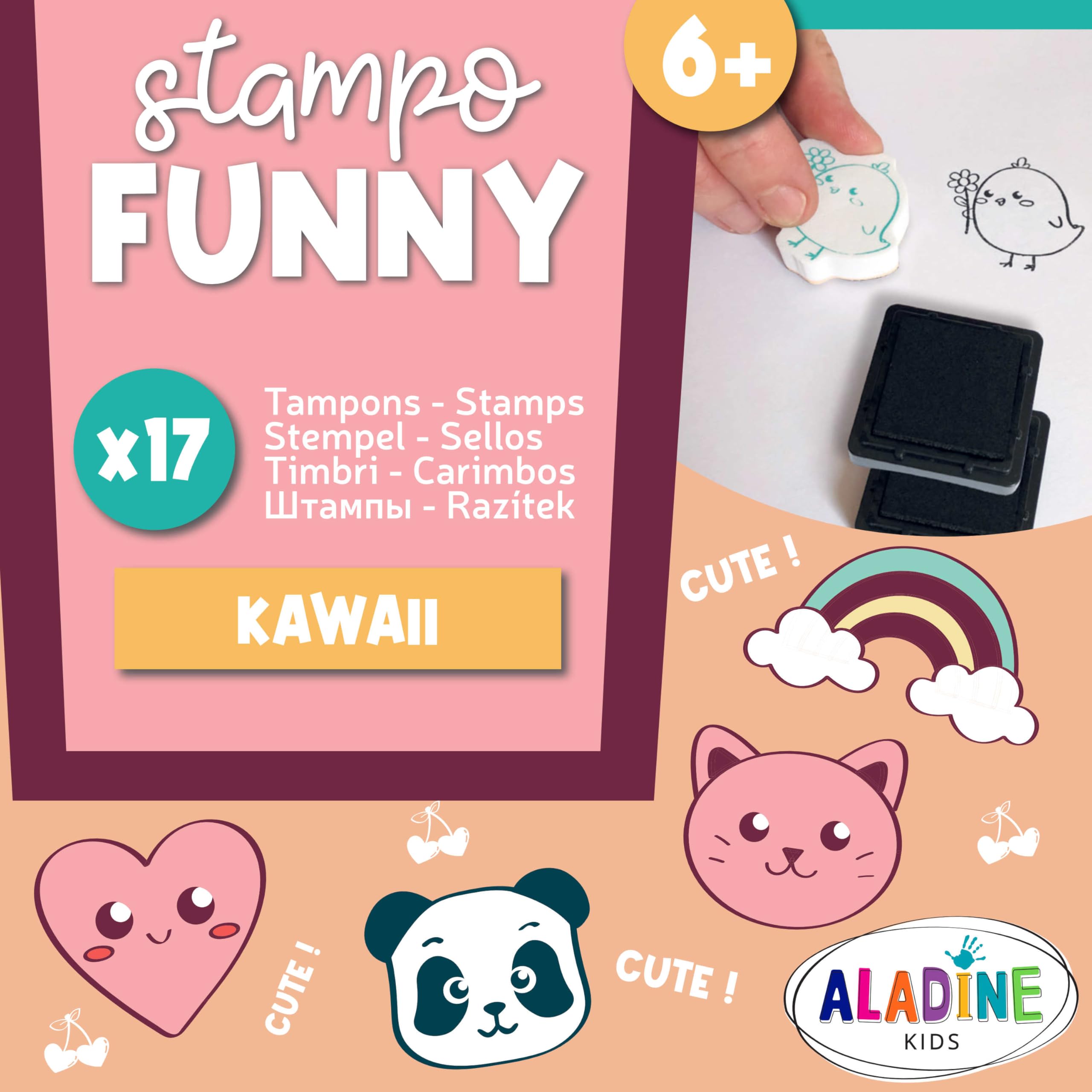 Aladine - Stemple Kawaii z czarnym tuszem - Pieczątka + czarny atrament - Funny Stempel - Kawaii Japan Manga - 2 do 5 cm - 85181