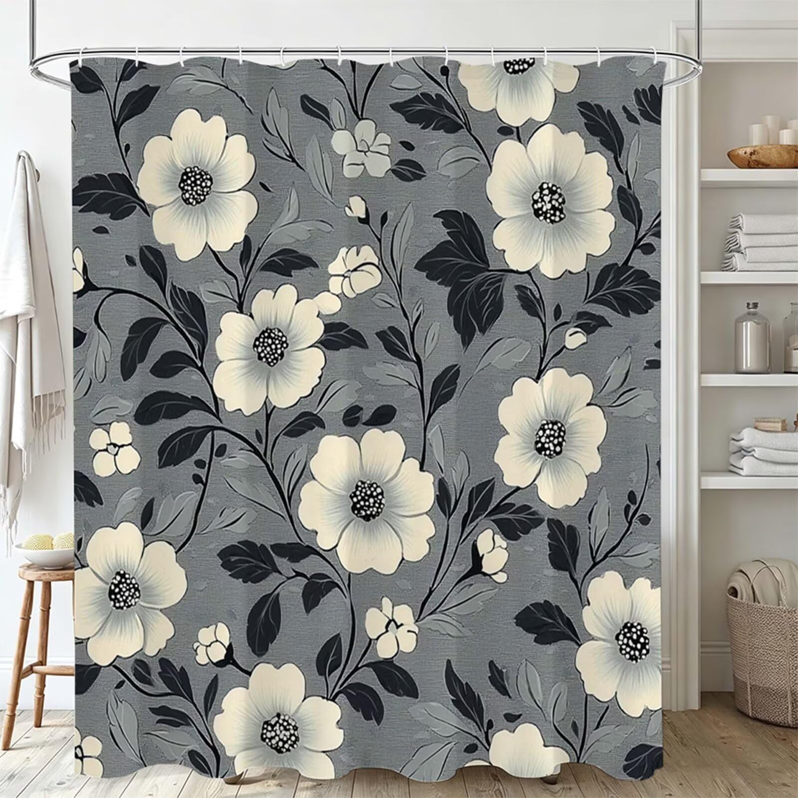 grigio Tenda Doccia 180x240cm, Tenda per Doccia Tessuto Poliestere Impermeabile Asciugatura Rapida con 12 Anelli, Tende Finestra Bagno e Vasca Pieghevole per Angolare Casa Shower Curtain Retro J-650