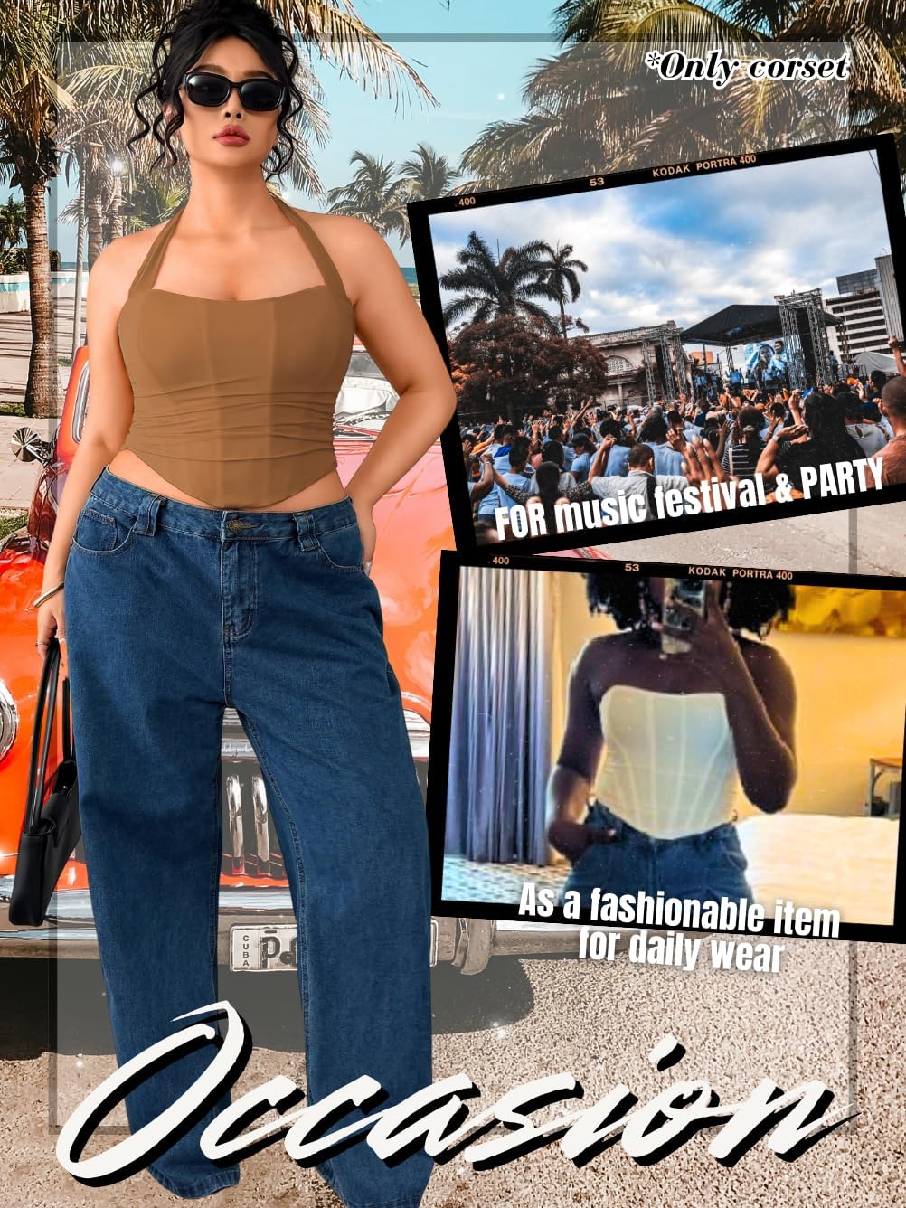 Women's Plus Size Sexy Halter Boned Corset, Square Neck Mesh Lace Up Crop Top, Club Going Out Outfits (14W-22W) - Image 7