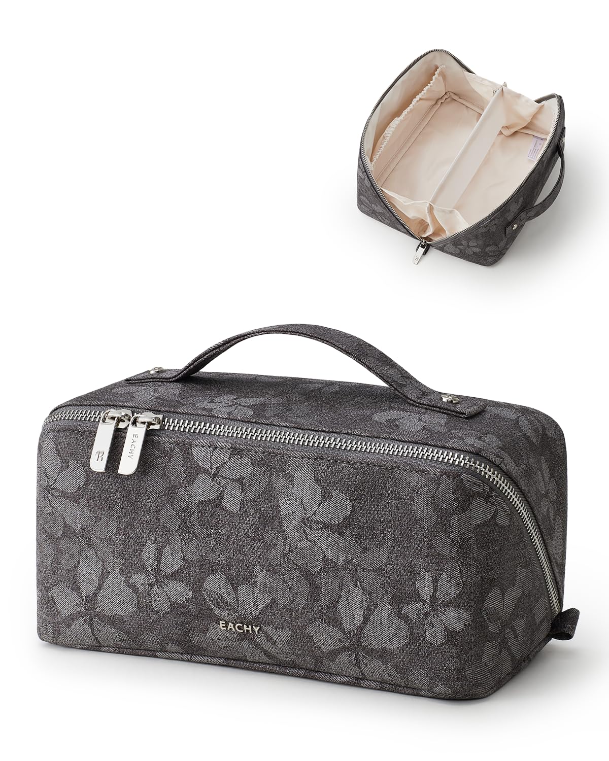EACHY Makeup Bag, Waterproof PU Leather Travel Toiletry Bag for Women, 180° Wide-Open Flat Cosmetic Bag, Large Capacity Makeup Pouch with Divider and Handle
