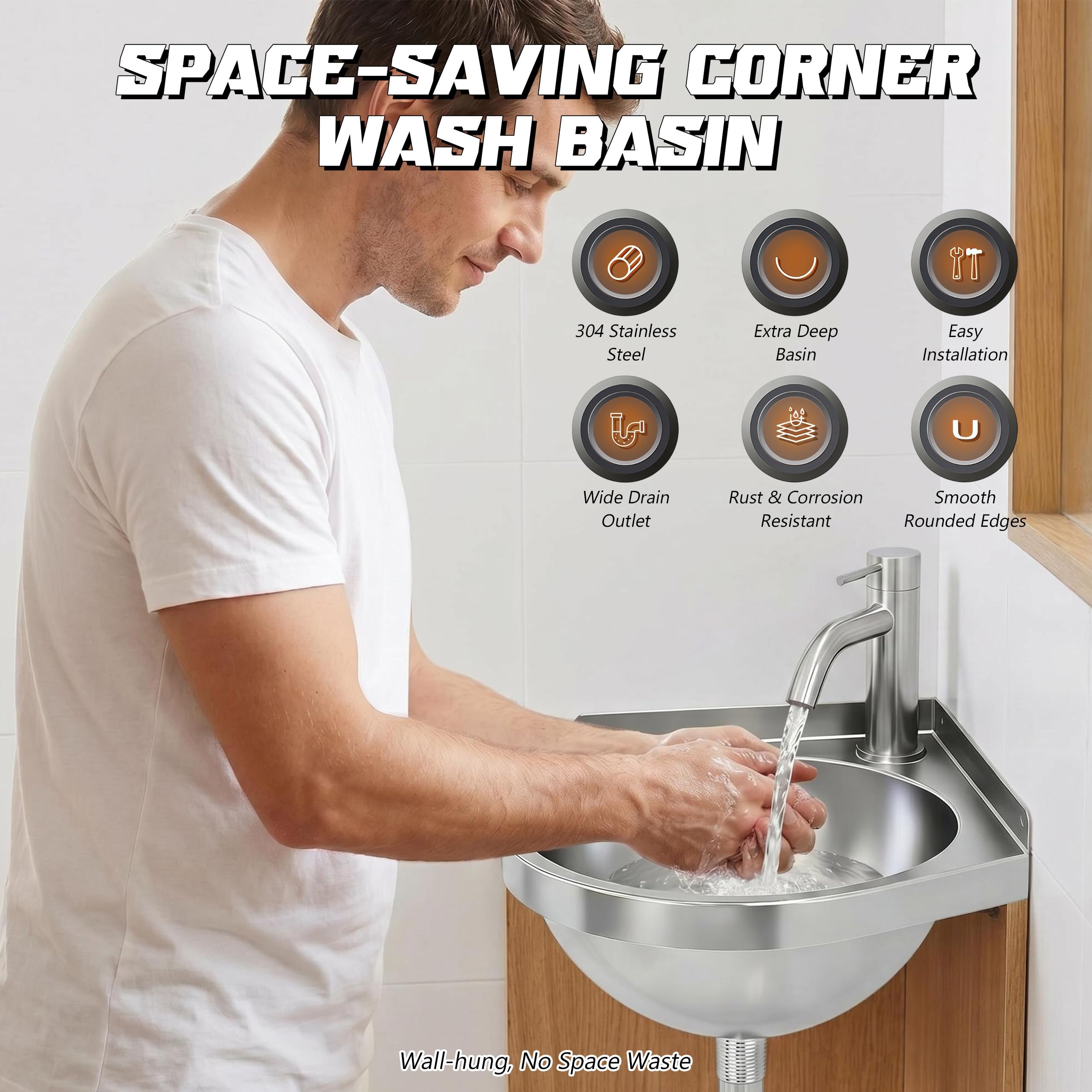 Lavabo de esquina de acero inoxidable con grifo, lavabo de acero inoxidable para autocaravana, lavabo triangular, lavabo de mano, lavabo de pared para baño, caravana, barco, inodoro, garaje
